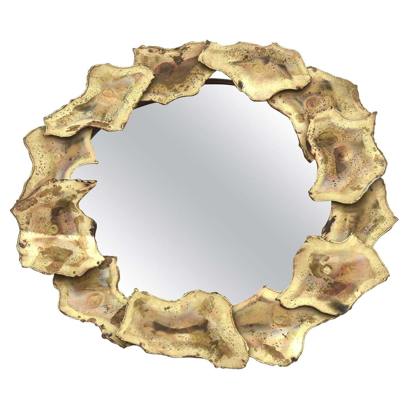 Vintage Brutalist Silas Seandel Style Torched Brass Metal Small Circular Mirror