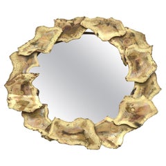 Vintage Brutalist Silas Seandel Style Torched Brass Metal Small Circular Mirror