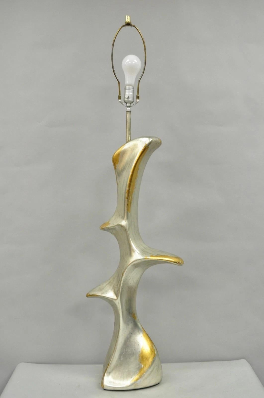 Vintage Brutalist Silver Gold Leaf Sculptural Ceramic Large Abstract Table Lamp For Sale 6
