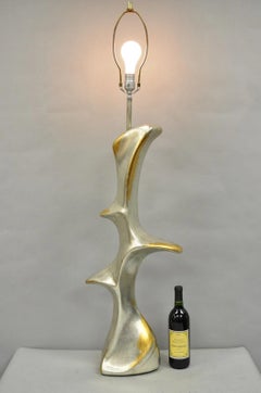 Vintage Brutalist Silver Gold Leaf Sculptural Ceramic Large Abstract Table Lamp
