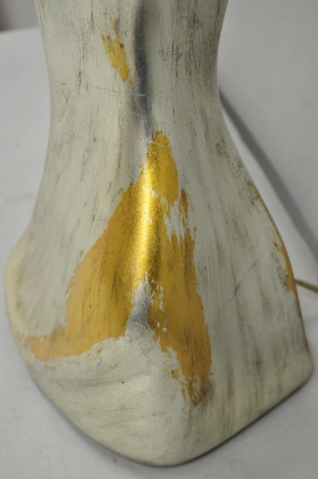 Vintage Brutalist Silver Gold Leaf Sculptural Ceramic Large Abstract Table Lamp In Good Condition For Sale In Philadelphia, PA