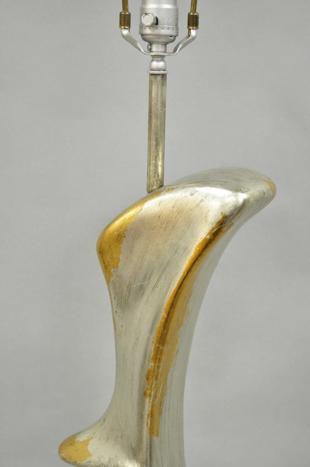 Vintage Brutalist Silver Gold Leaf Sculptural Ceramic Large Abstract Table Lamp For Sale 1