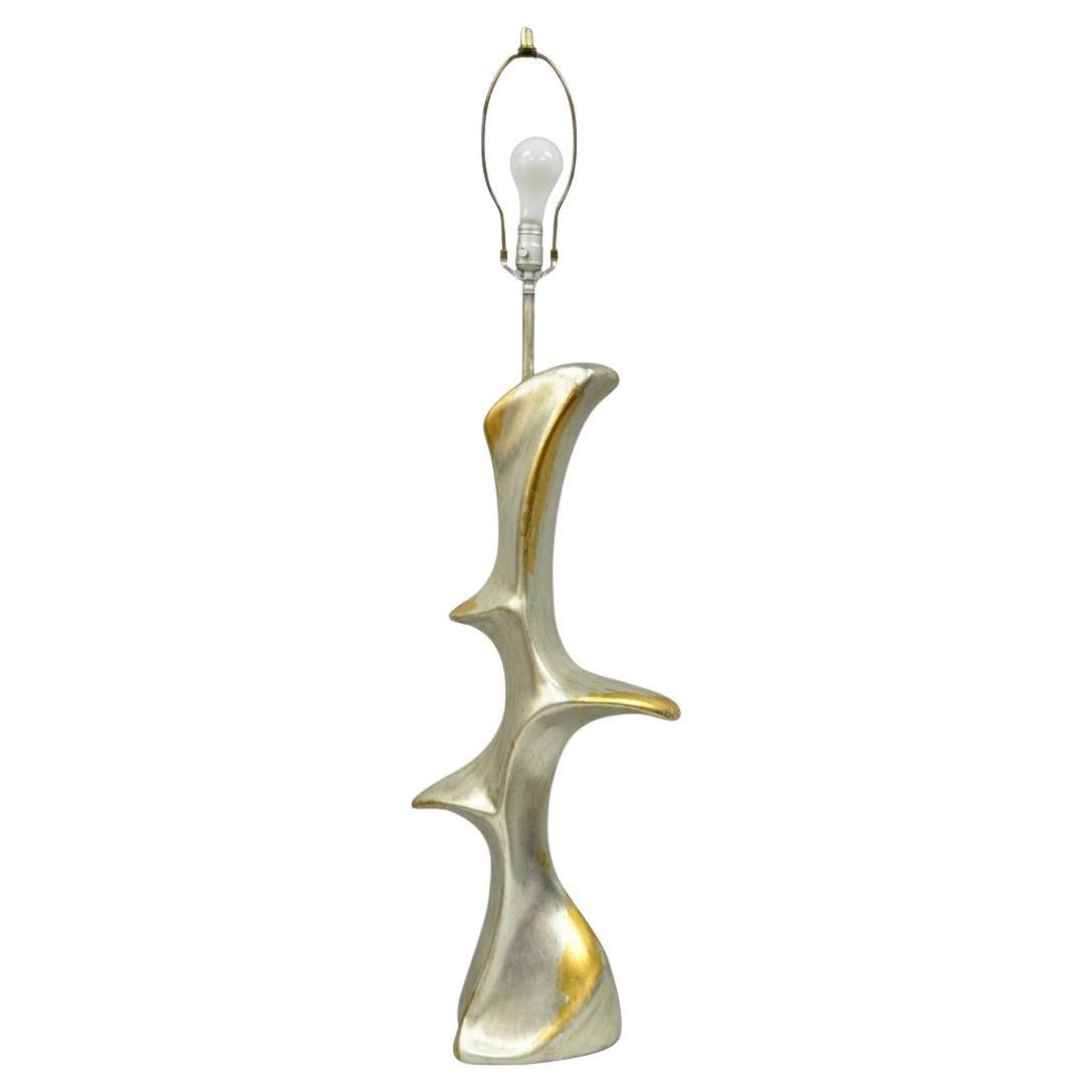 Vintage Brutalist Silver Gold Leaf Sculptural Ceramic Large Abstract Table Lamp For Sale