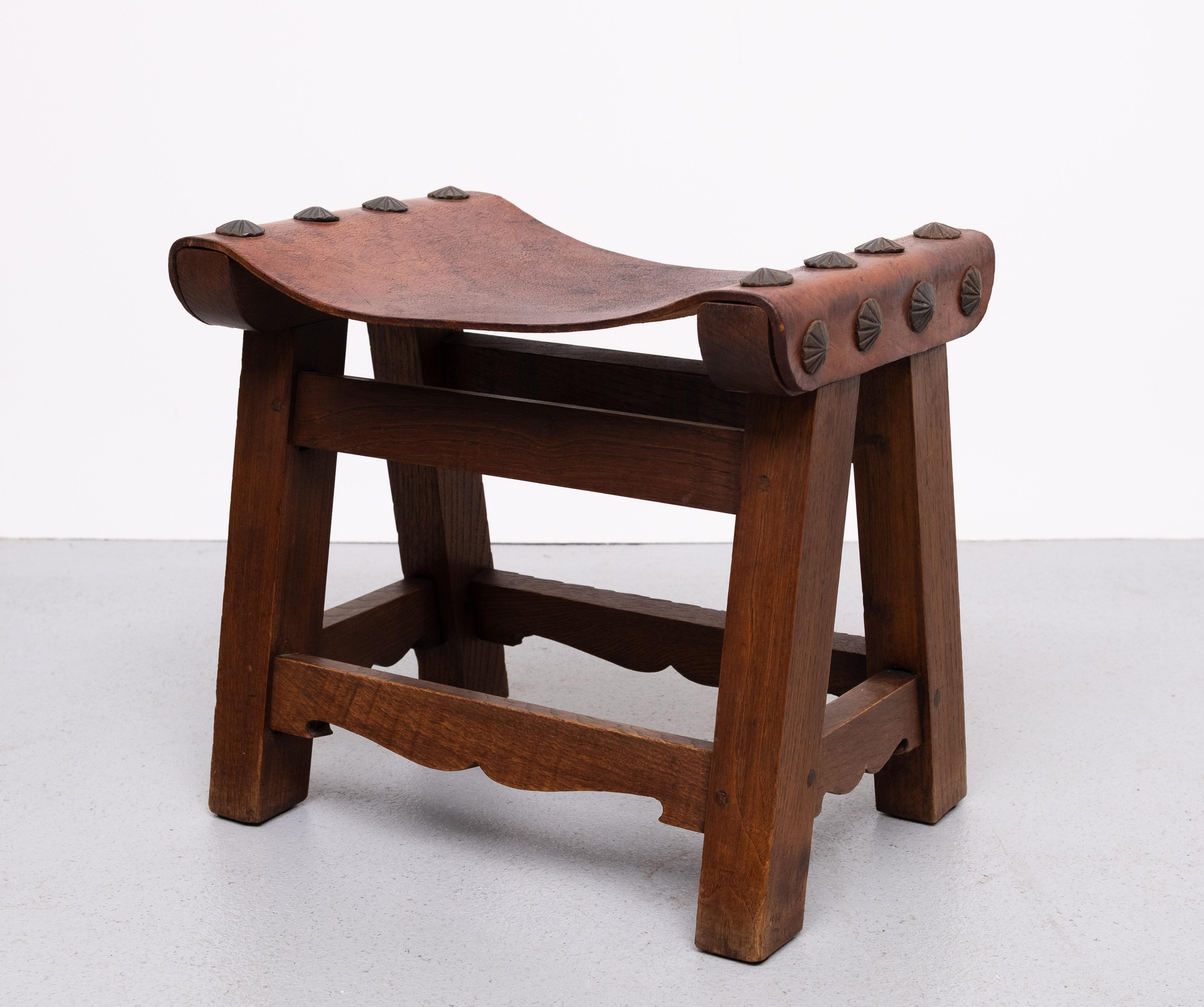 Leather Vintage Brutalist Spanish Ottoman  1950s For Sale