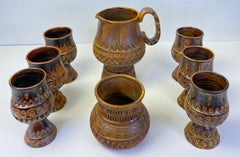 Vintage Brutalist Studio Pottery Ceramic Drink Set, Pitcher, Ice Bucket, 6 Gob.