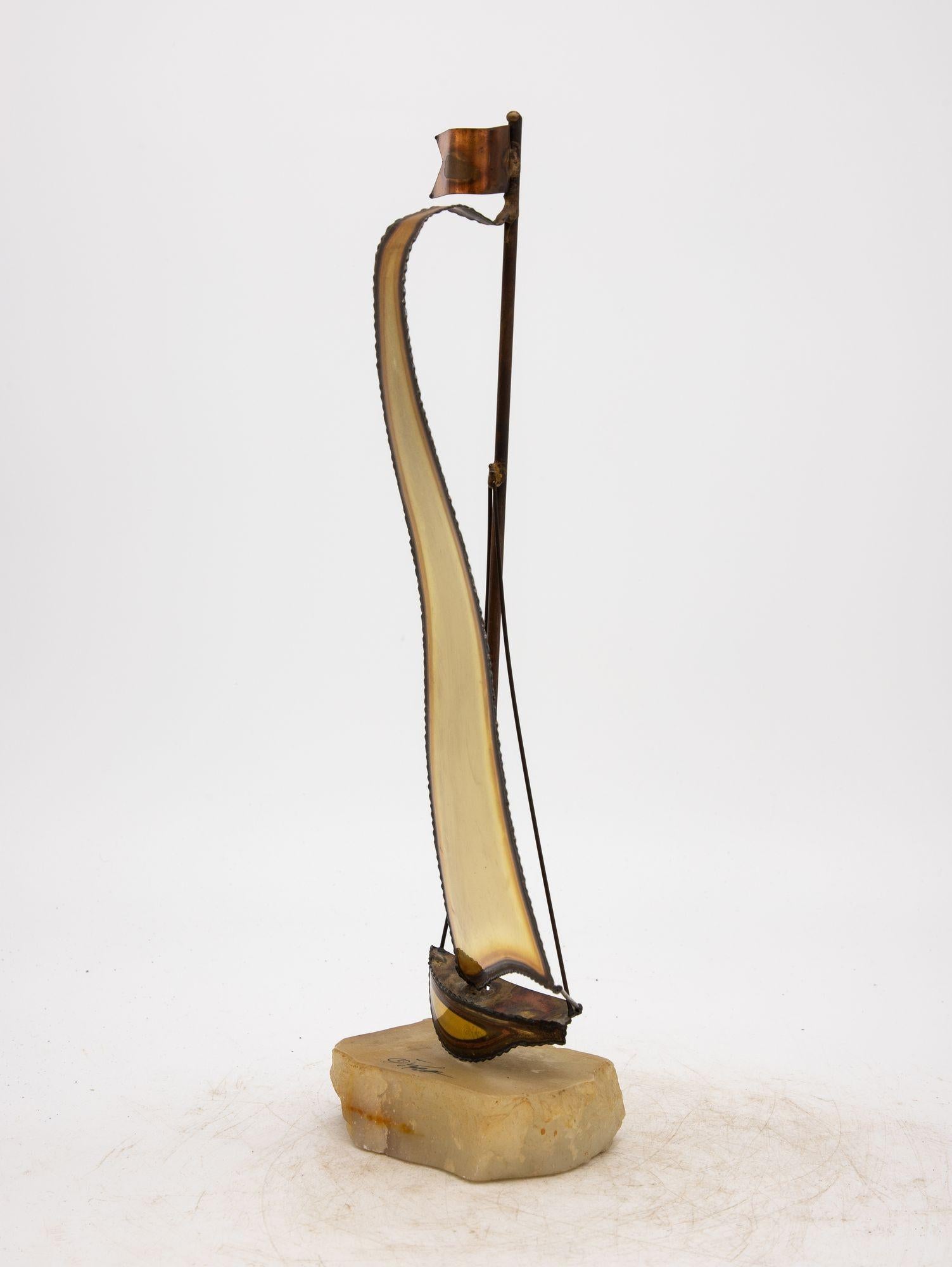 American Vintage Brutalist Style Brass Sailboat on Onyx Base, Signed by Demott, 20th C For Sale