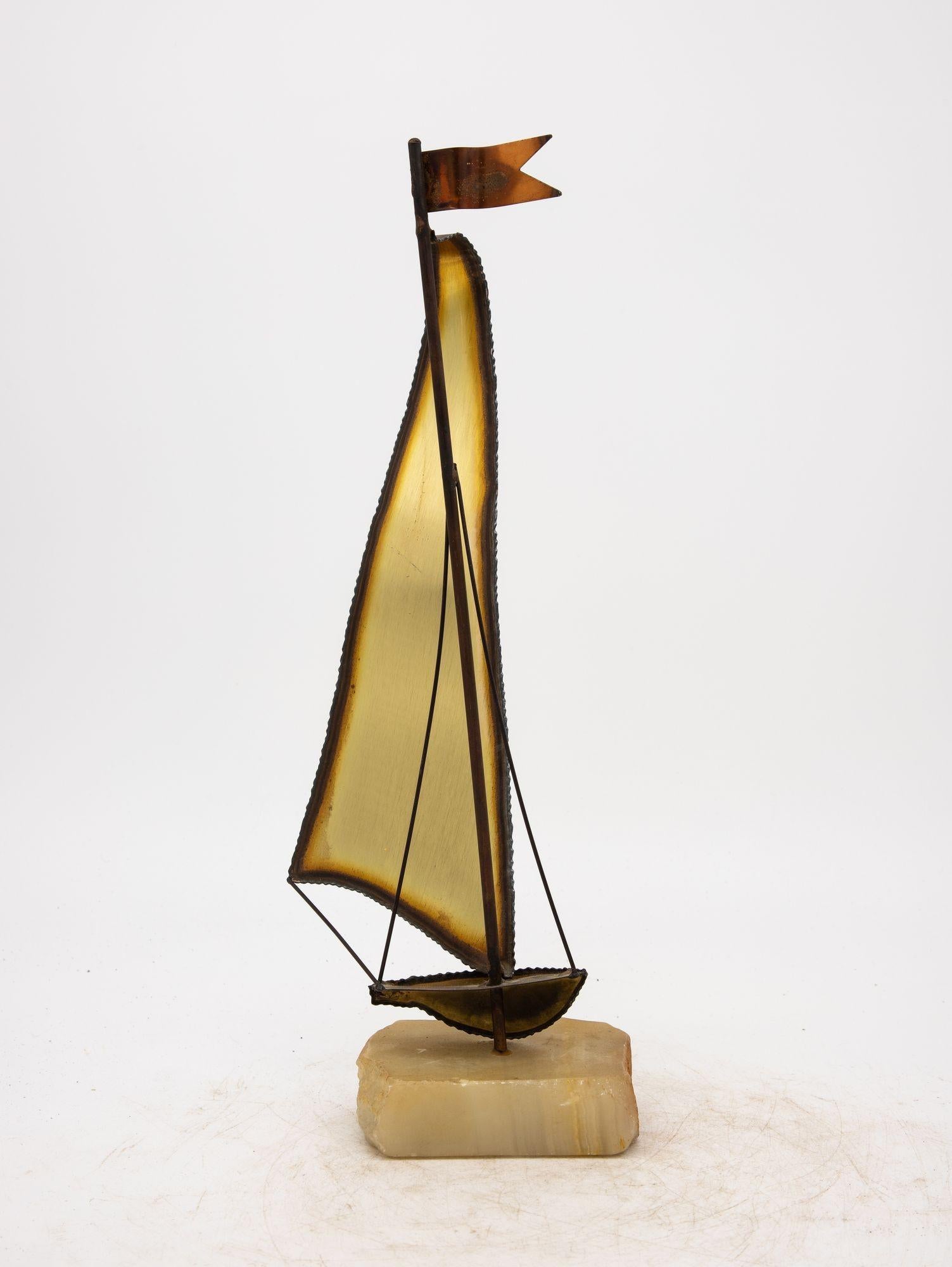 20th Century Vintage Brutalist Style Brass Sailboat on Onyx Base, Signed by Demott, 20th C For Sale