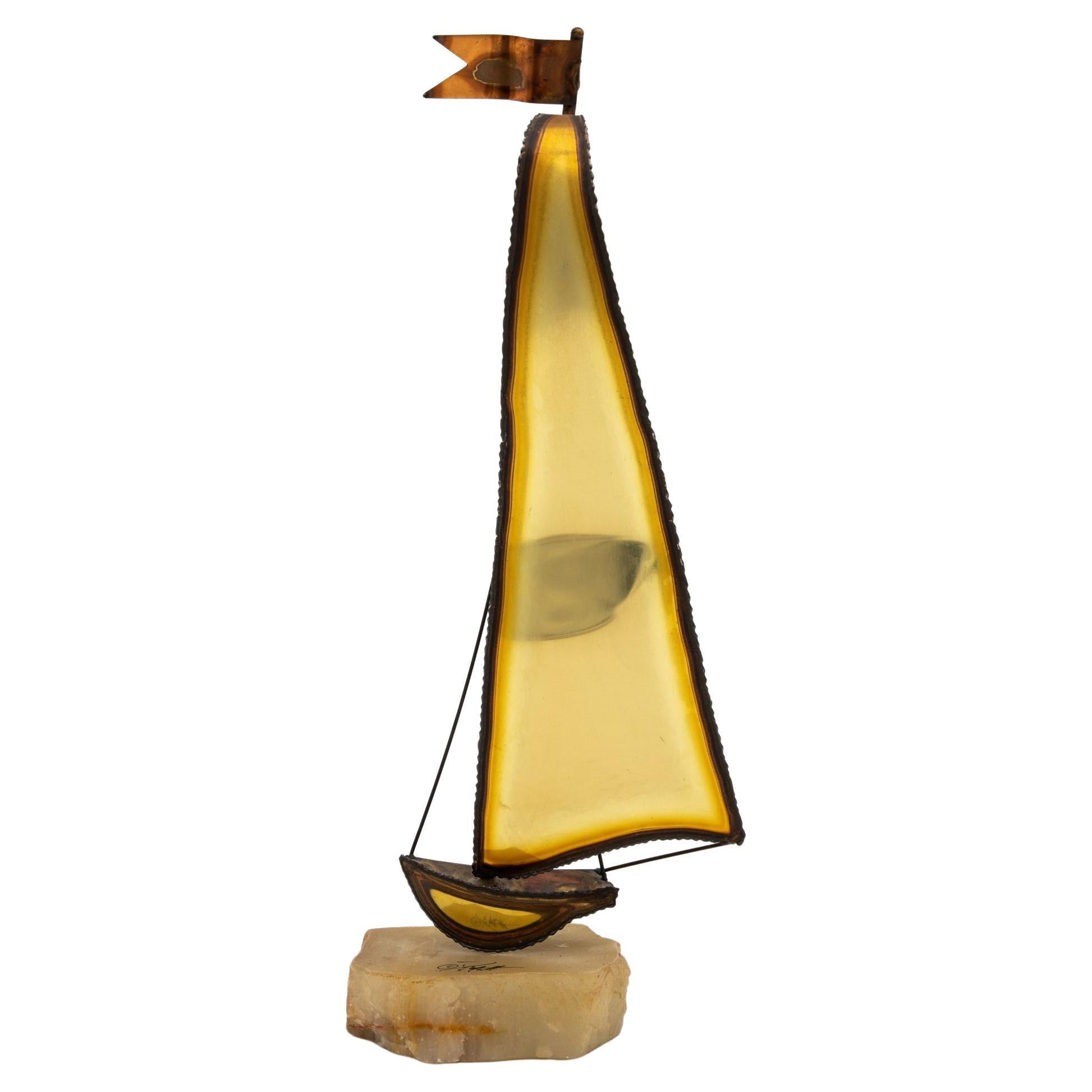 Vintage Brutalist Style Brass Sailboat on Onyx Base, Signed by Demott, 20th C For Sale