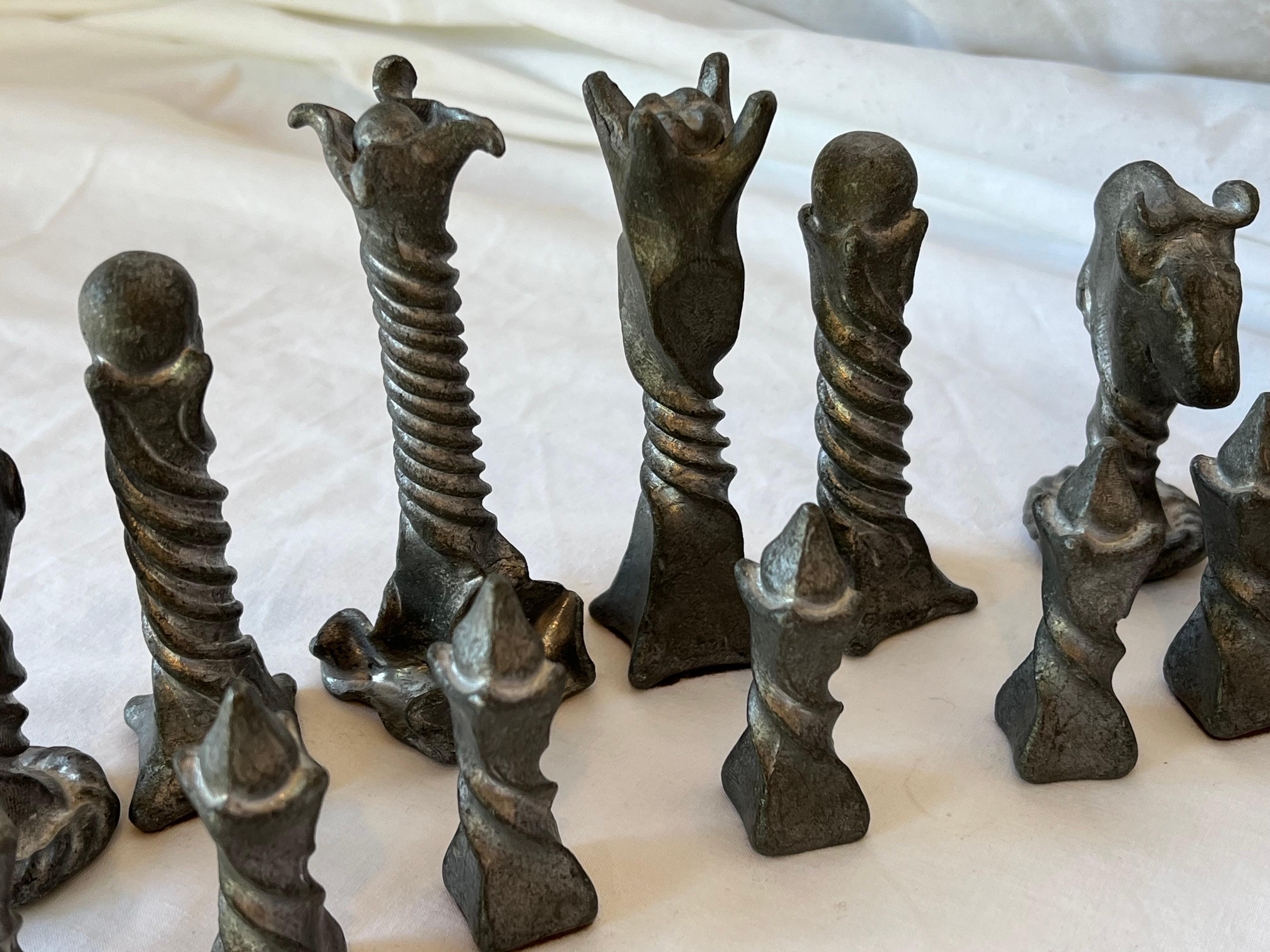 Vintage Brutalist Style Cast Metal Chess Set with Twisted and Flanged Design 5