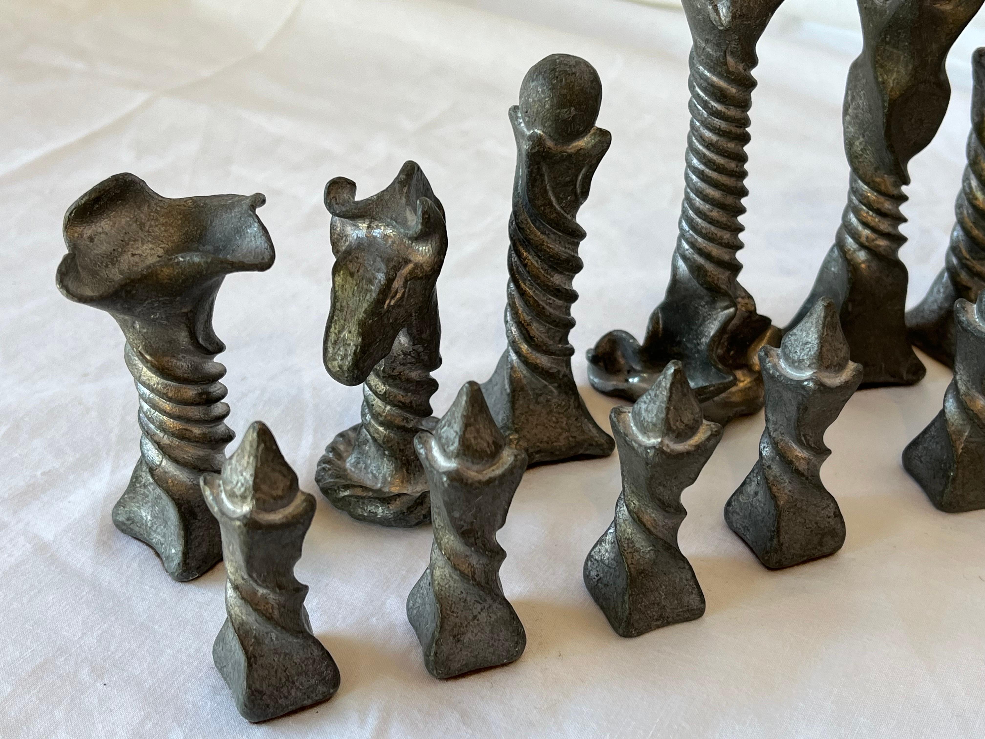 Vintage Brutalist Style Cast Metal Chess Set with Twisted and Flanged Design 6