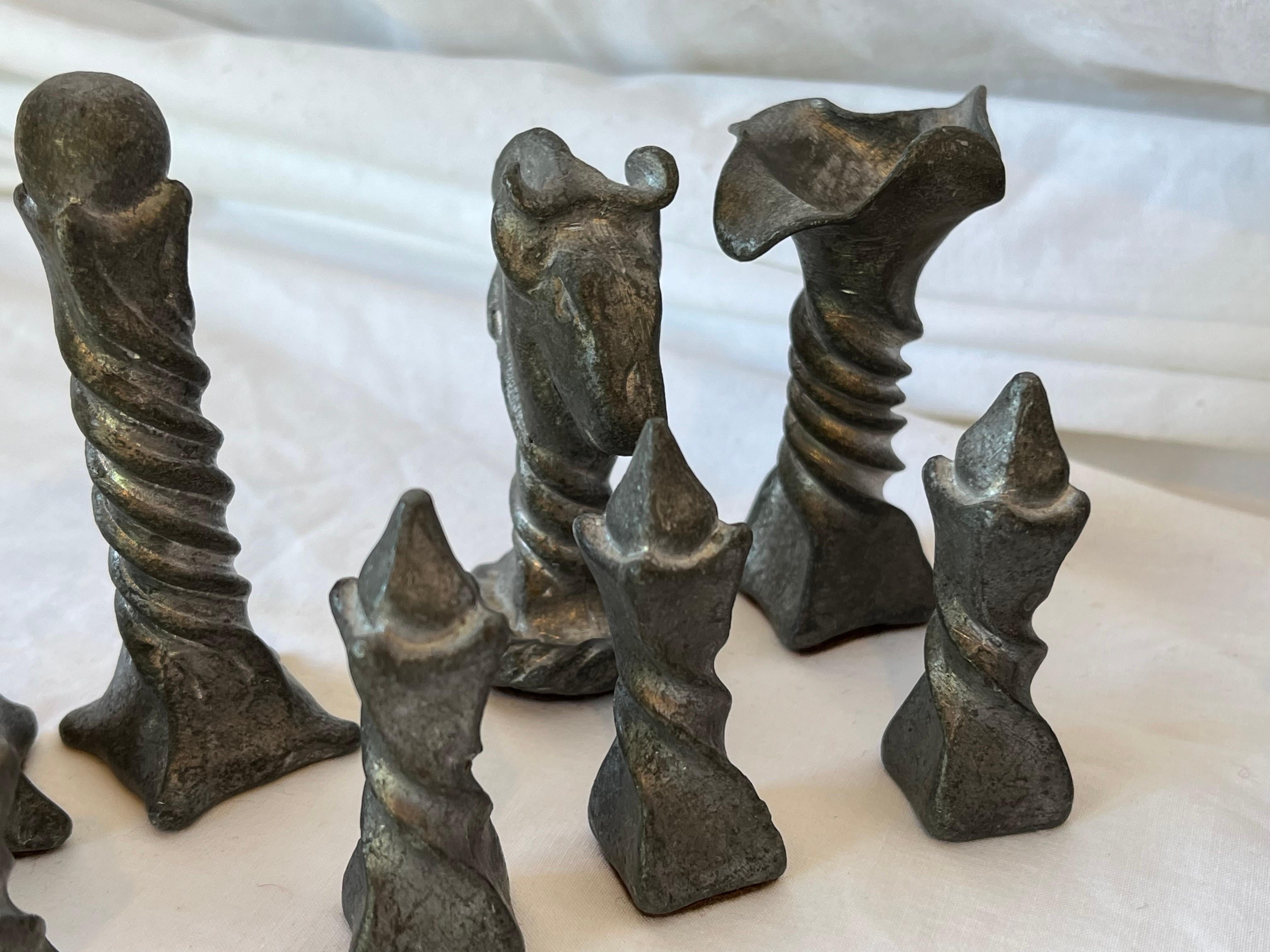 Vintage Brutalist Style Cast Metal Chess Set with Twisted and Flanged Design 7