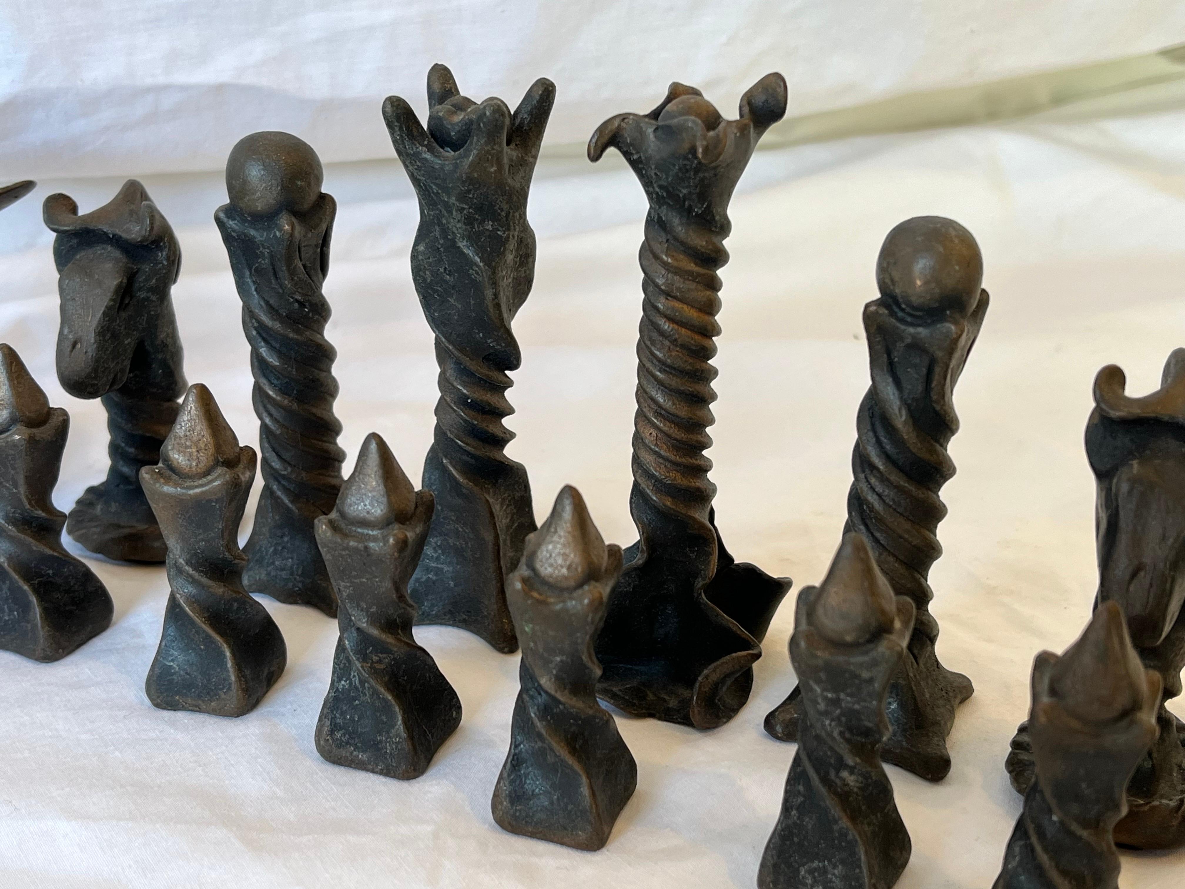 Vintage Brutalist Style Cast Metal Chess Set with Twisted and Flanged Design 8