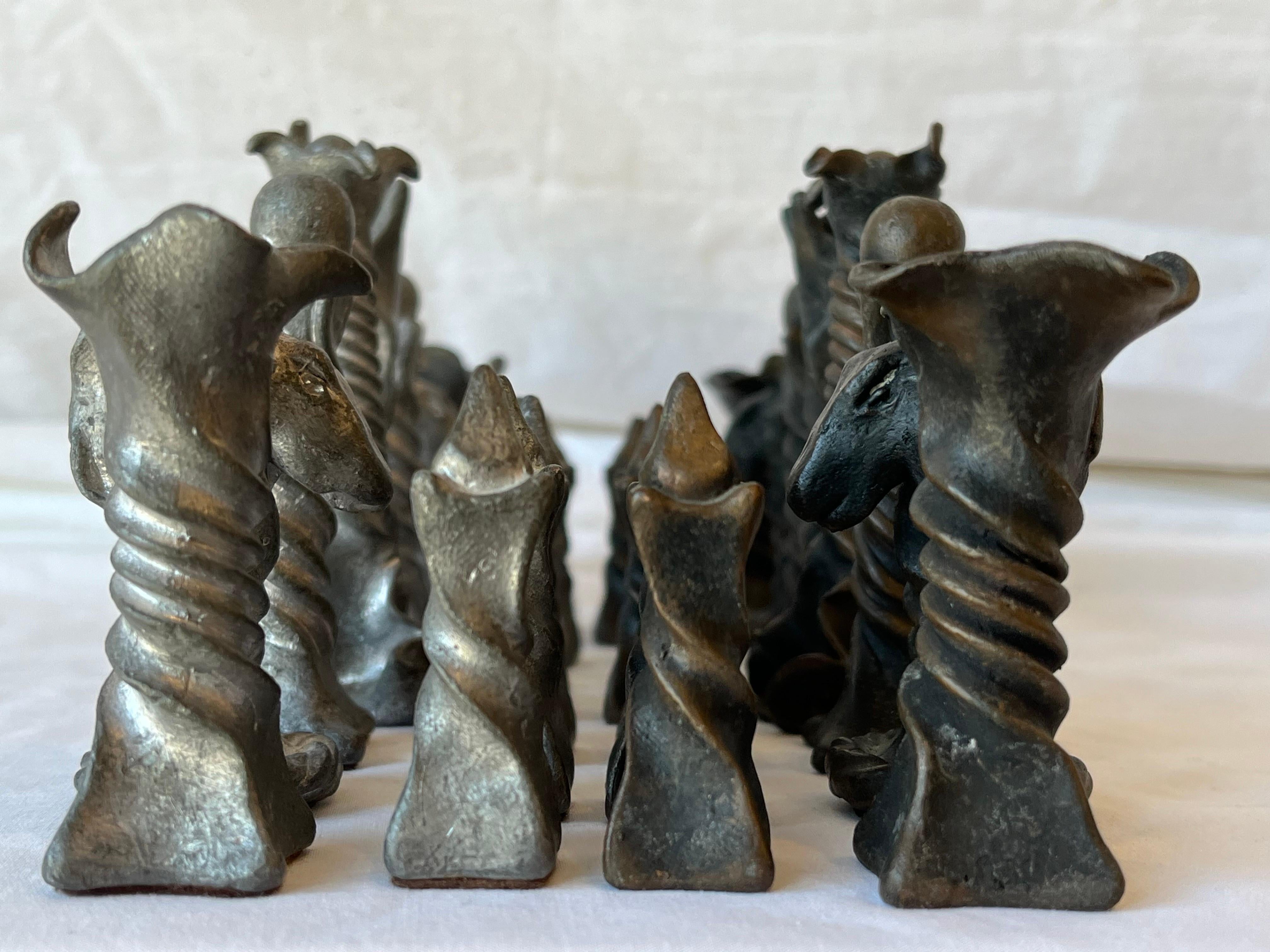 Vintage Brutalist Style Cast Metal Chess Set with Twisted and Flanged Design 9