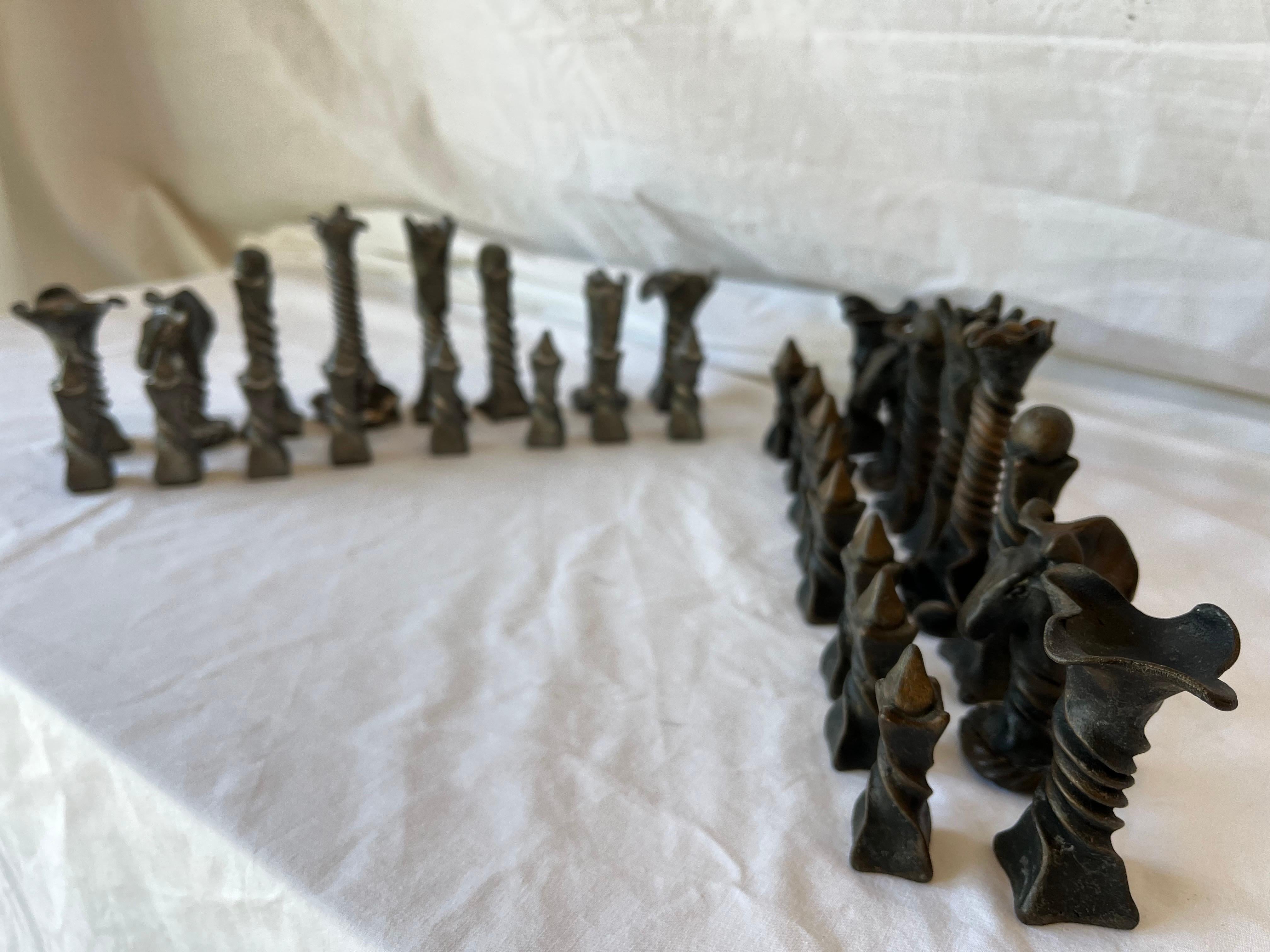 Vintage Brutalist Style Cast Metal Chess Set with Twisted and Flanged Design 10