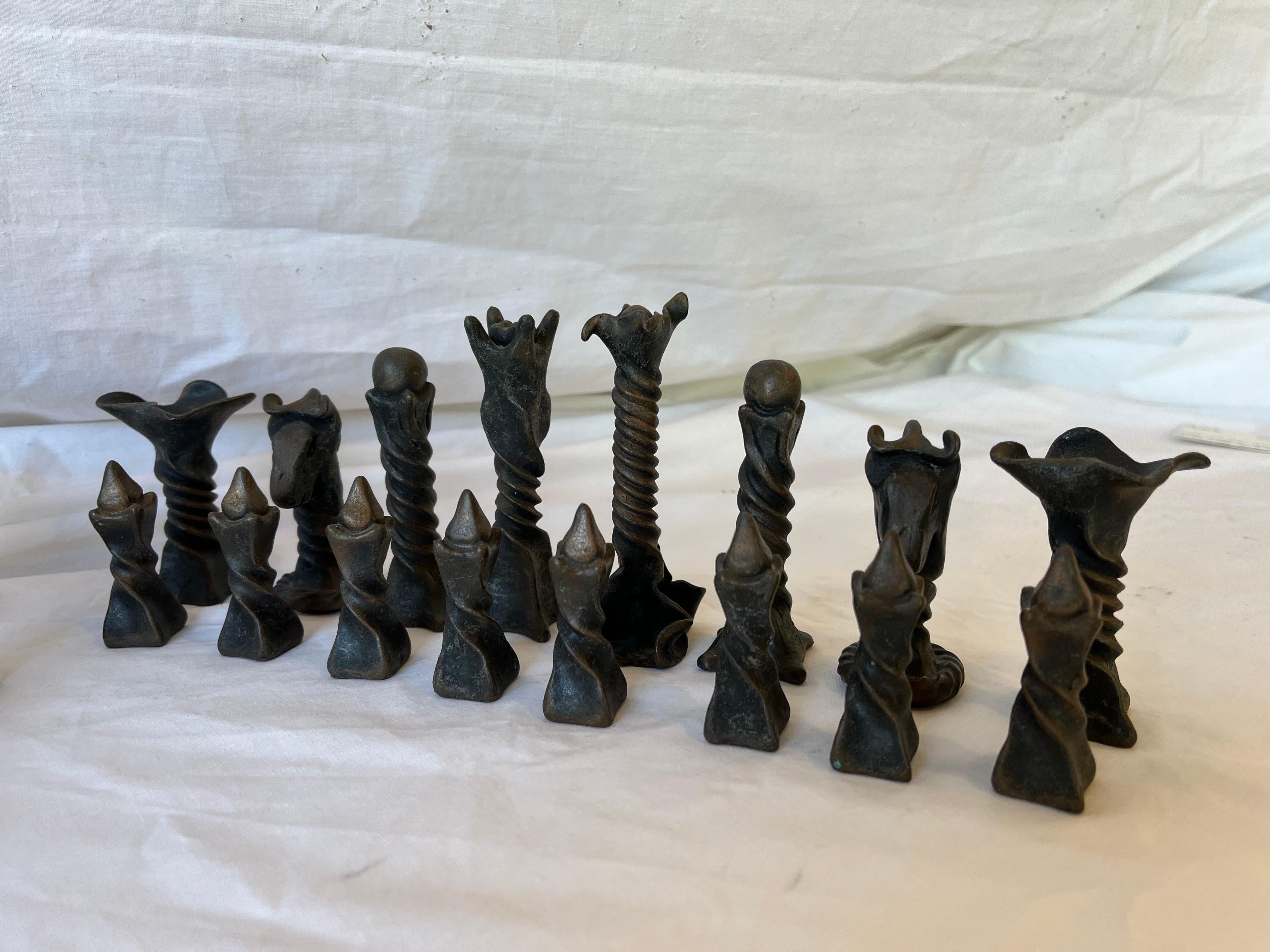 Vintage Brutalist Style Cast Metal Chess Set with Twisted and Flanged Design 11