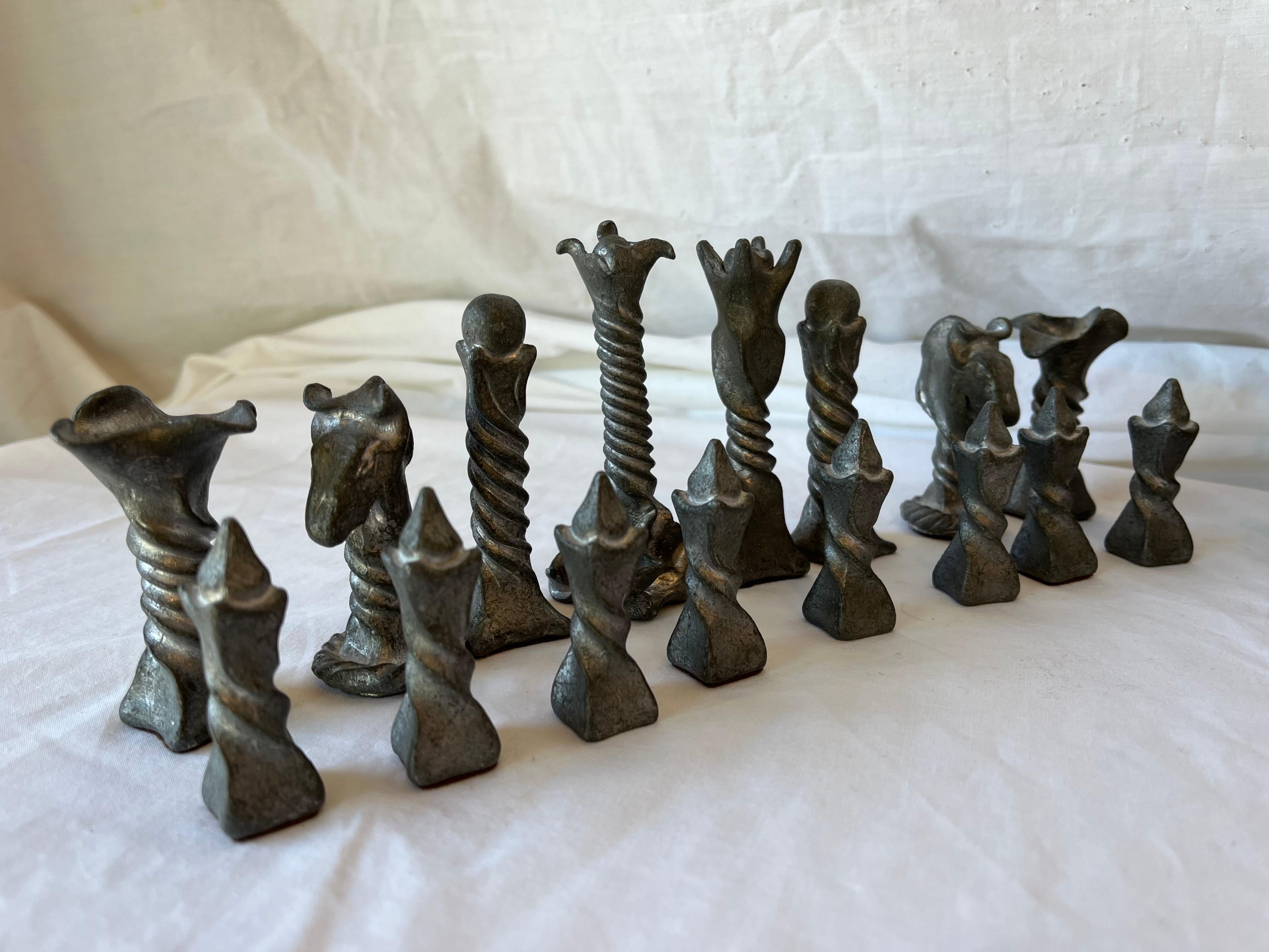Vintage Brutalist Style Cast Metal Chess Set with Twisted and Flanged Design 12