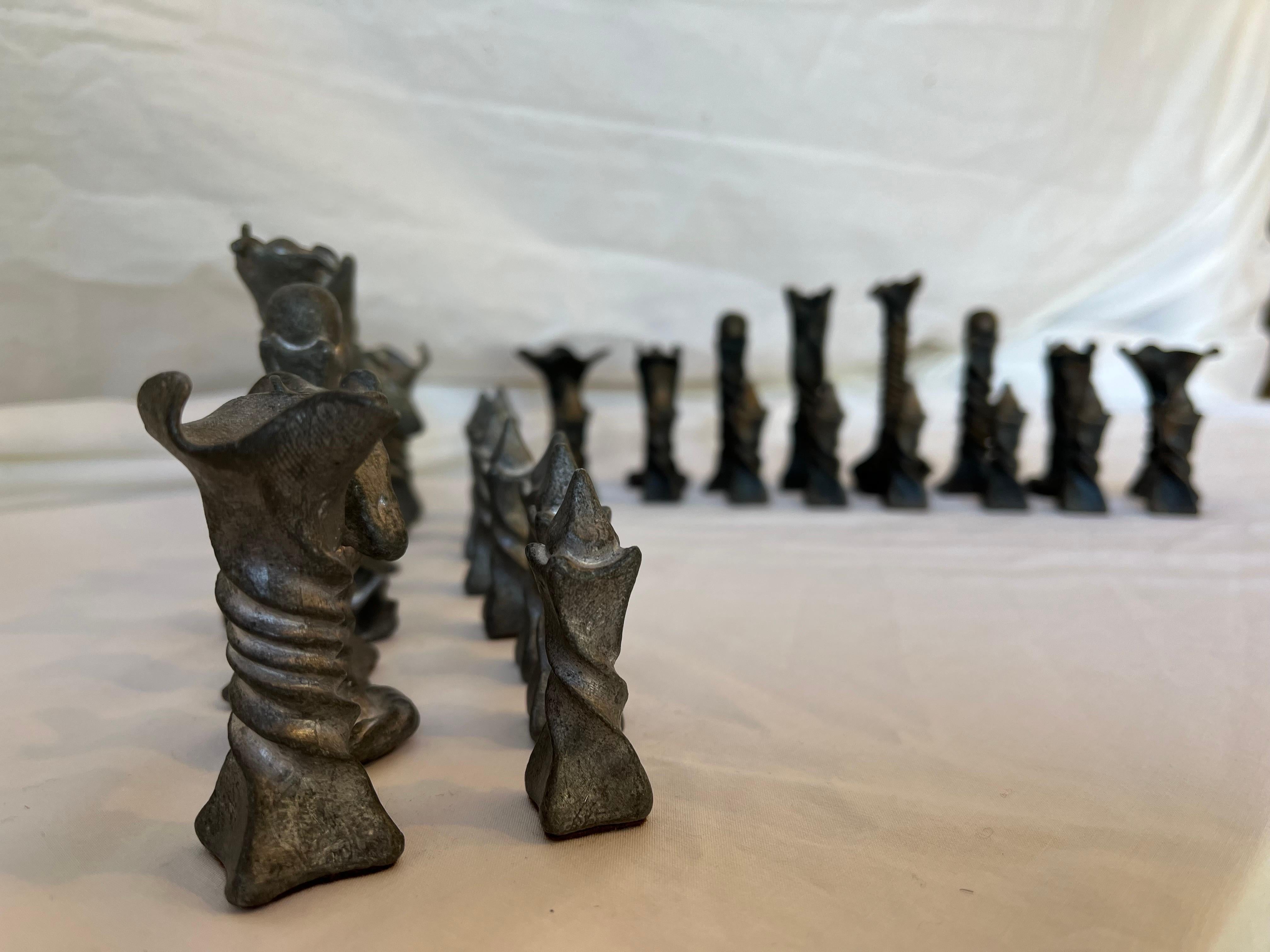 Vintage Brutalist Style Cast Metal Chess Set with Twisted and Flanged Design 14