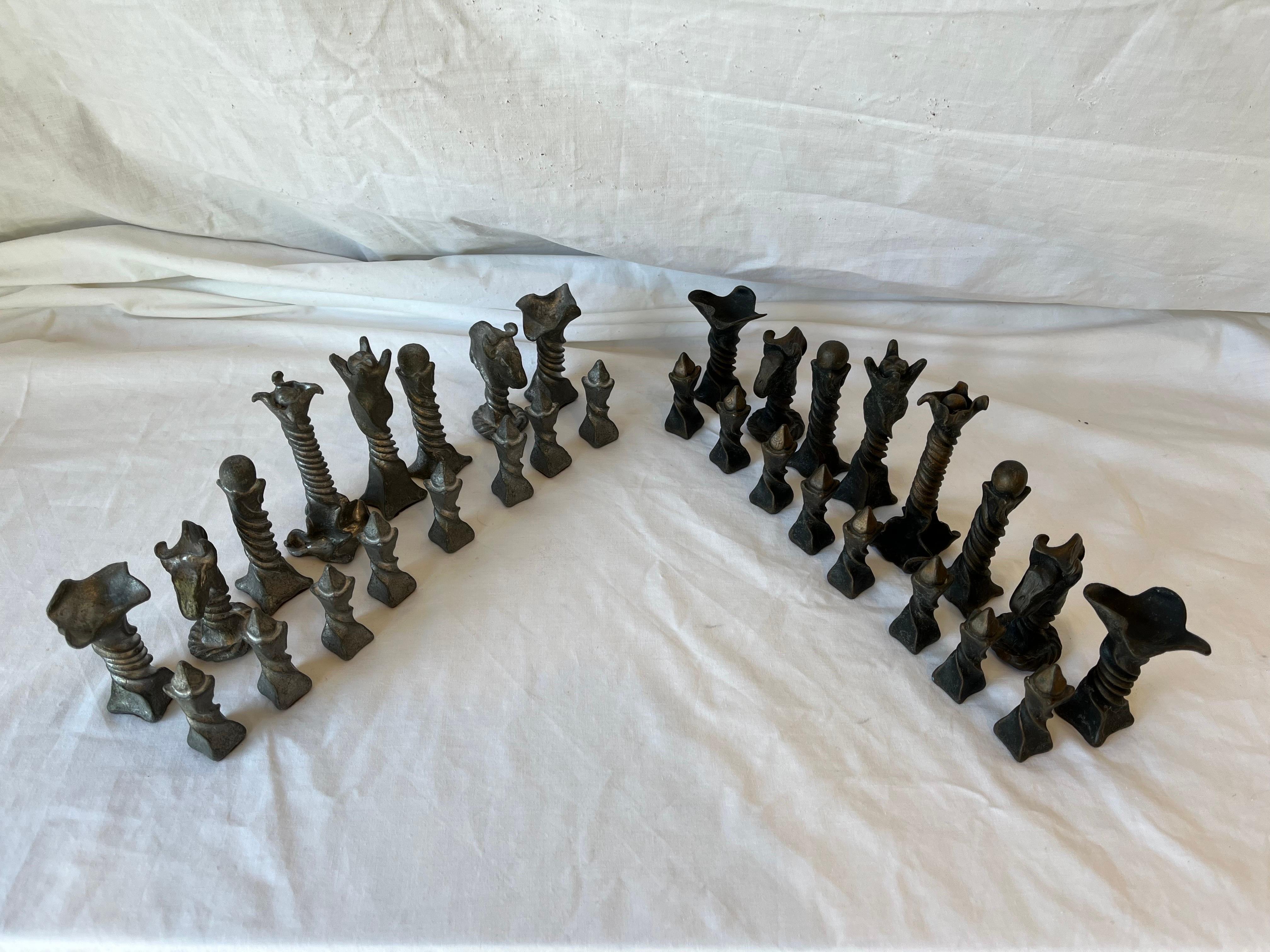 Vintage Brutalist Style Cast Metal Chess Set with Twisted and Flanged Design 15