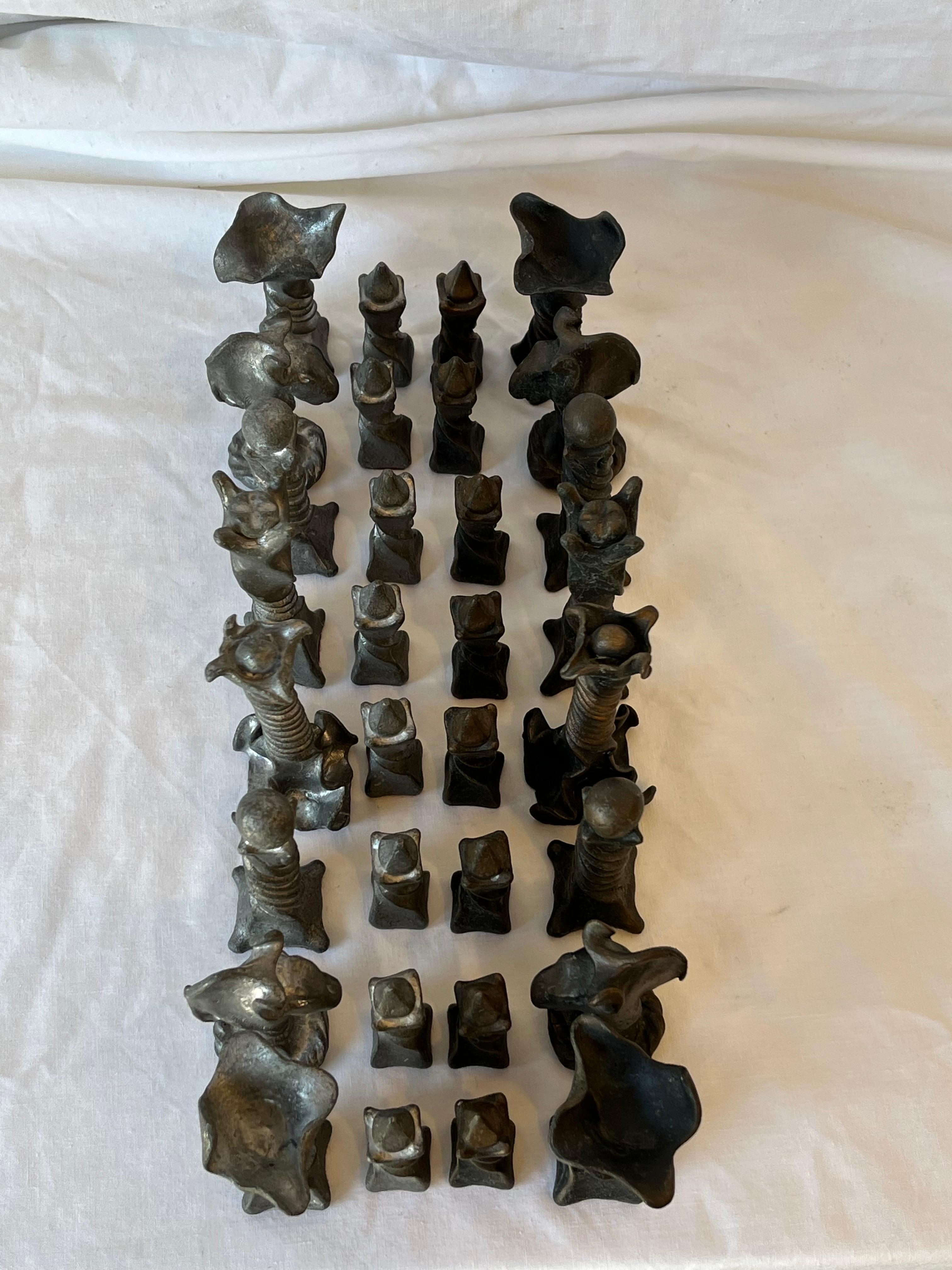 American Vintage Brutalist Style Cast Metal Chess Set with Twisted and Flanged Design