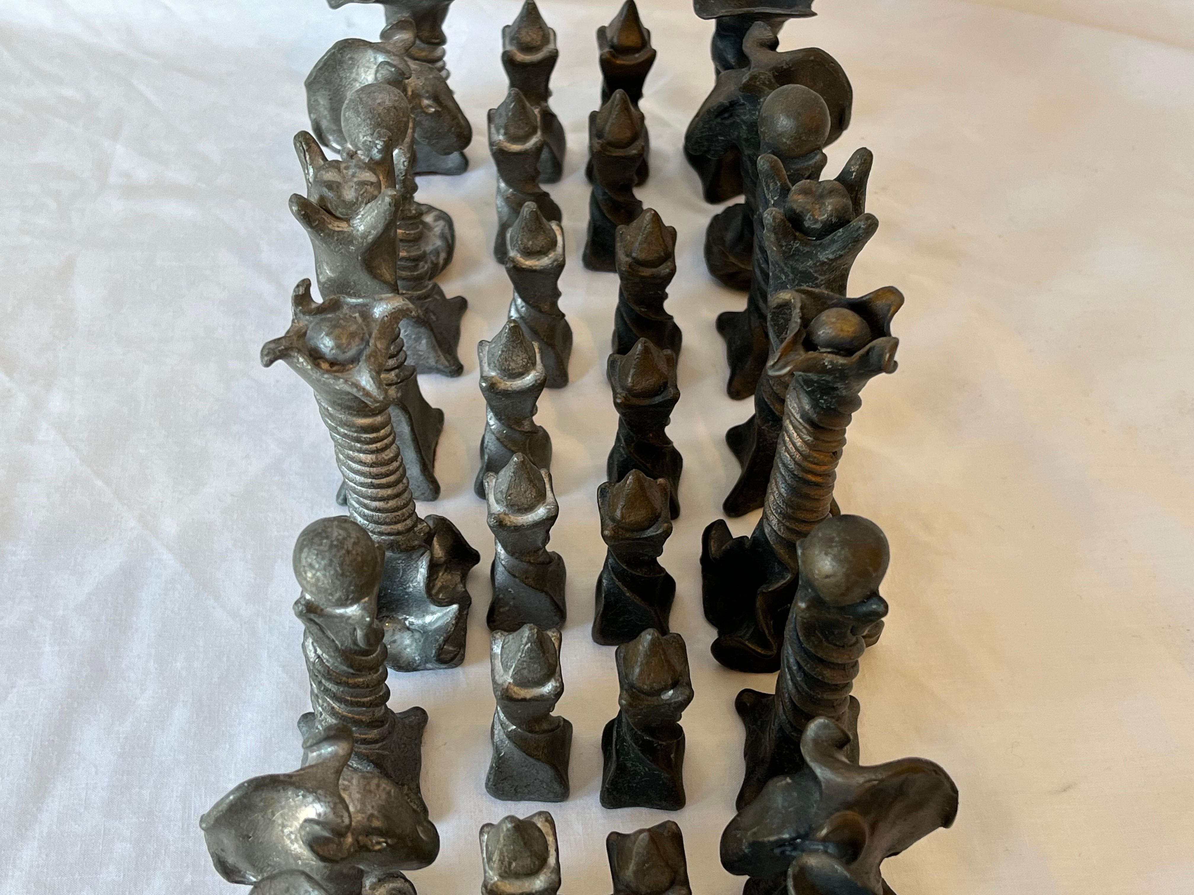 Vintage Brutalist Style Cast Metal Chess Set with Twisted and Flanged Design In Good Condition In Atlanta, GA