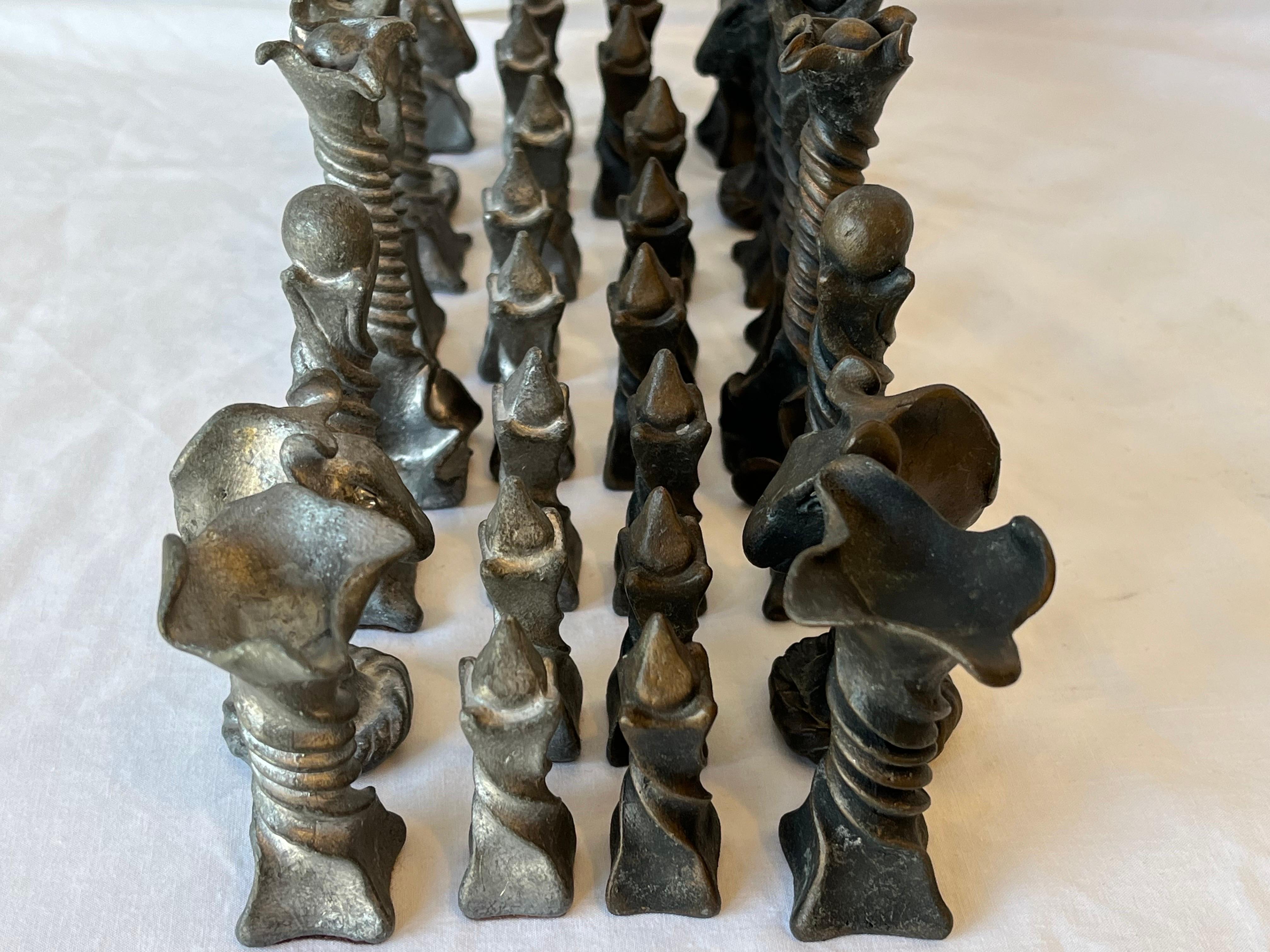 20th Century Vintage Brutalist Style Cast Metal Chess Set with Twisted and Flanged Design
