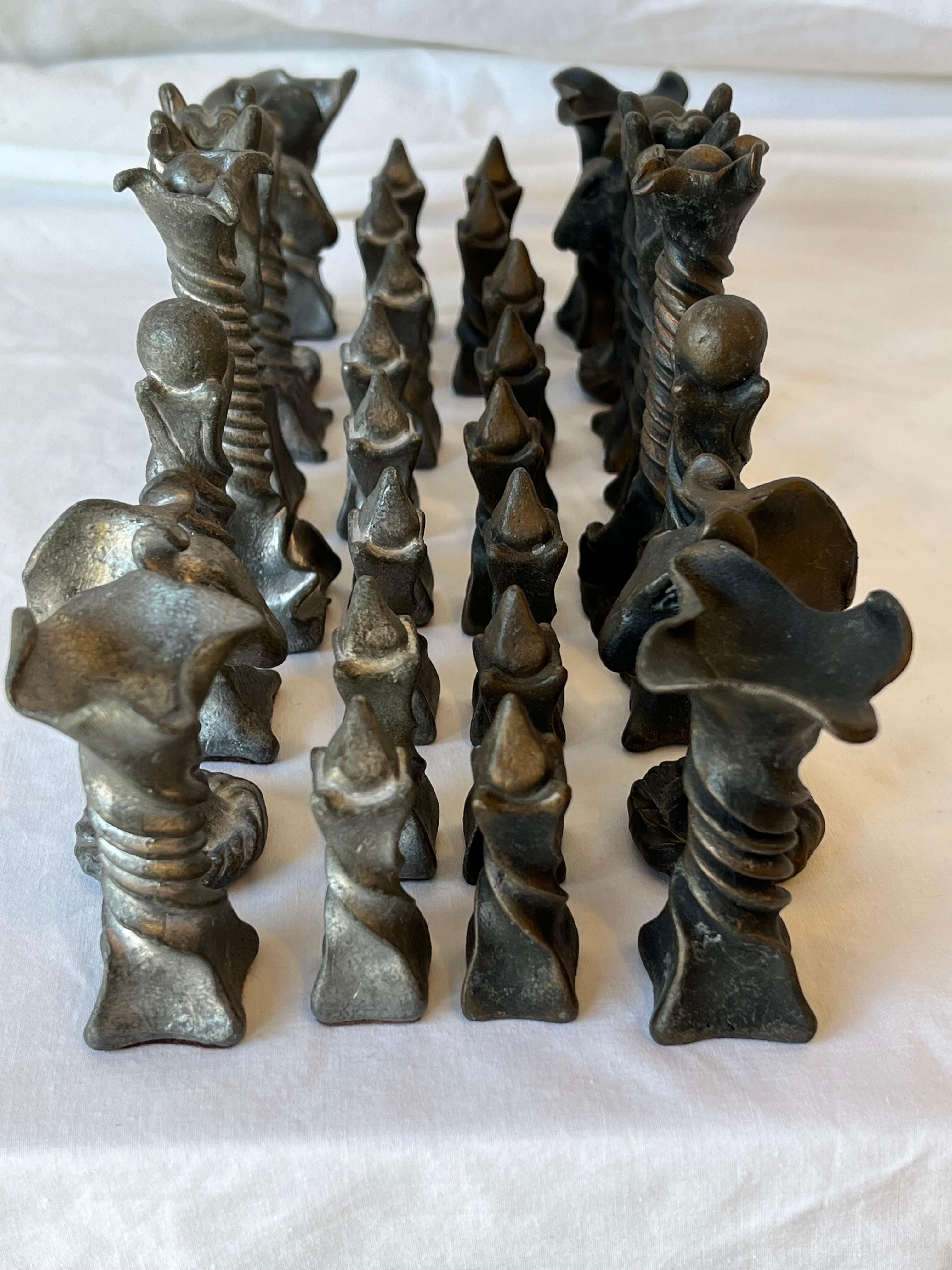 Vintage Brutalist Style Cast Metal Chess Set with Twisted and Flanged Design 1