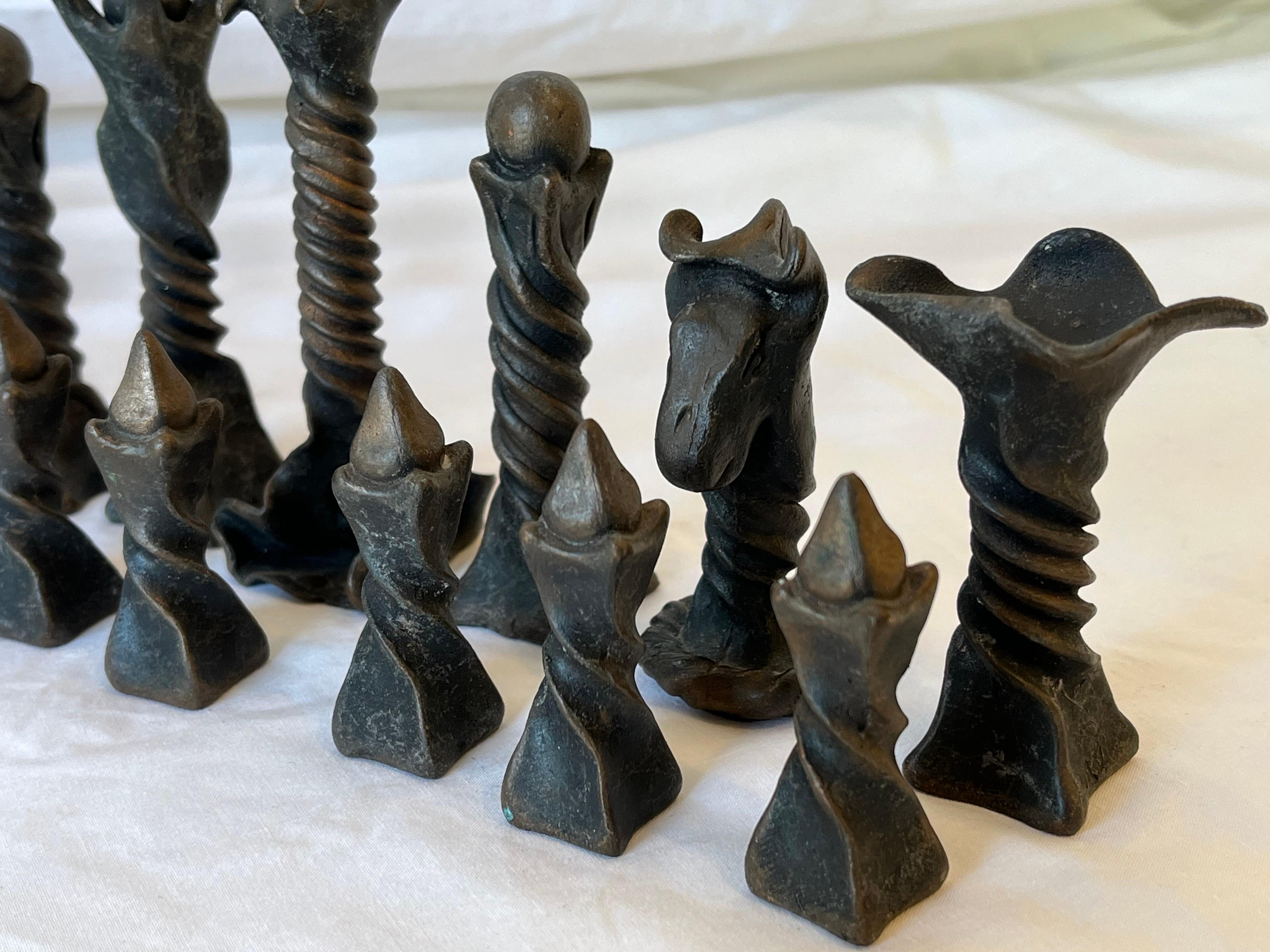 Vintage Brutalist Style Cast Metal Chess Set with Twisted and Flanged Design 3