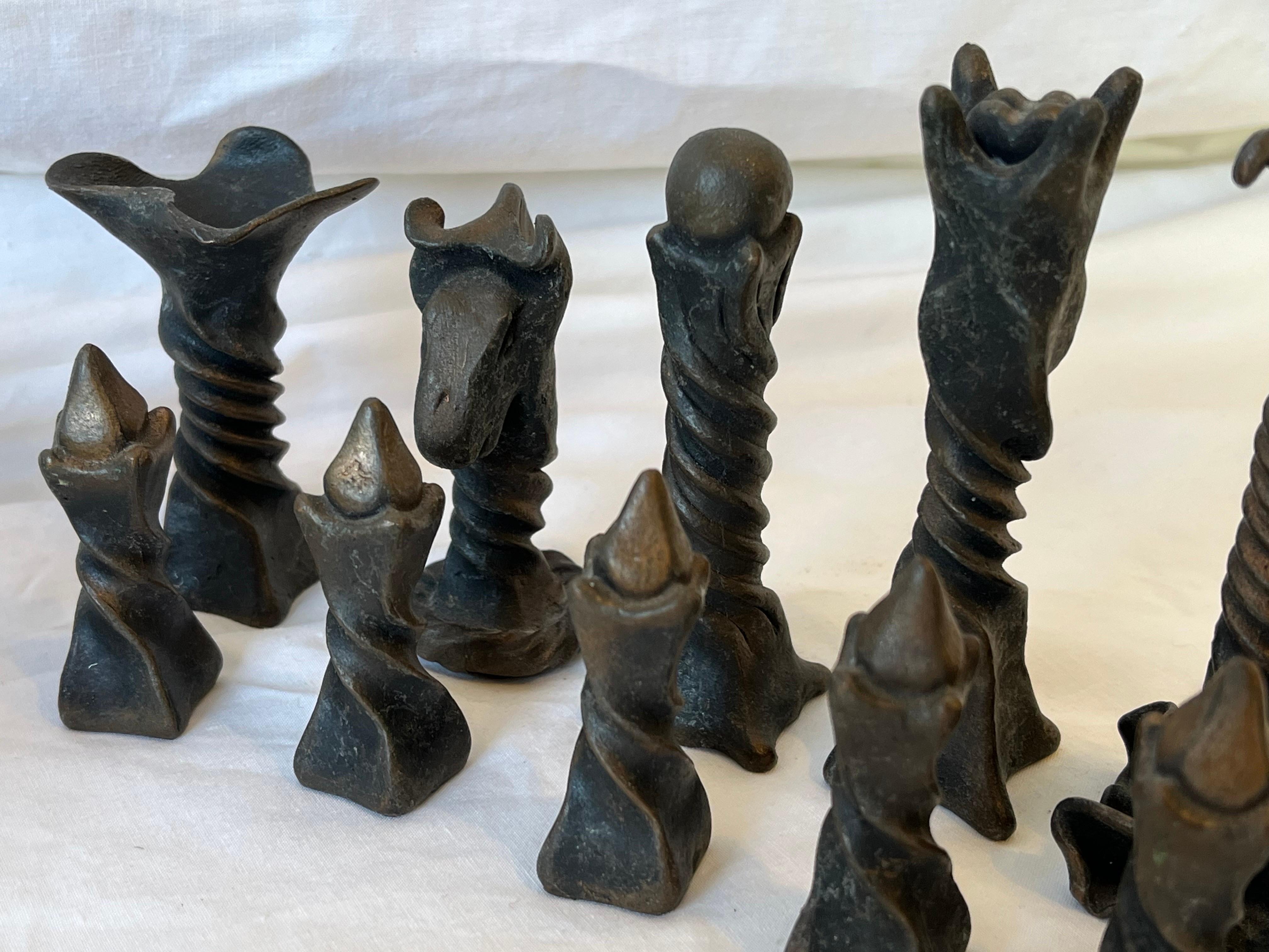Vintage Brutalist Style Cast Metal Chess Set with Twisted and Flanged Design 4