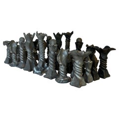 Vintage Brutalist Style Cast Metal Chess Set with Twisted and Flanged Design