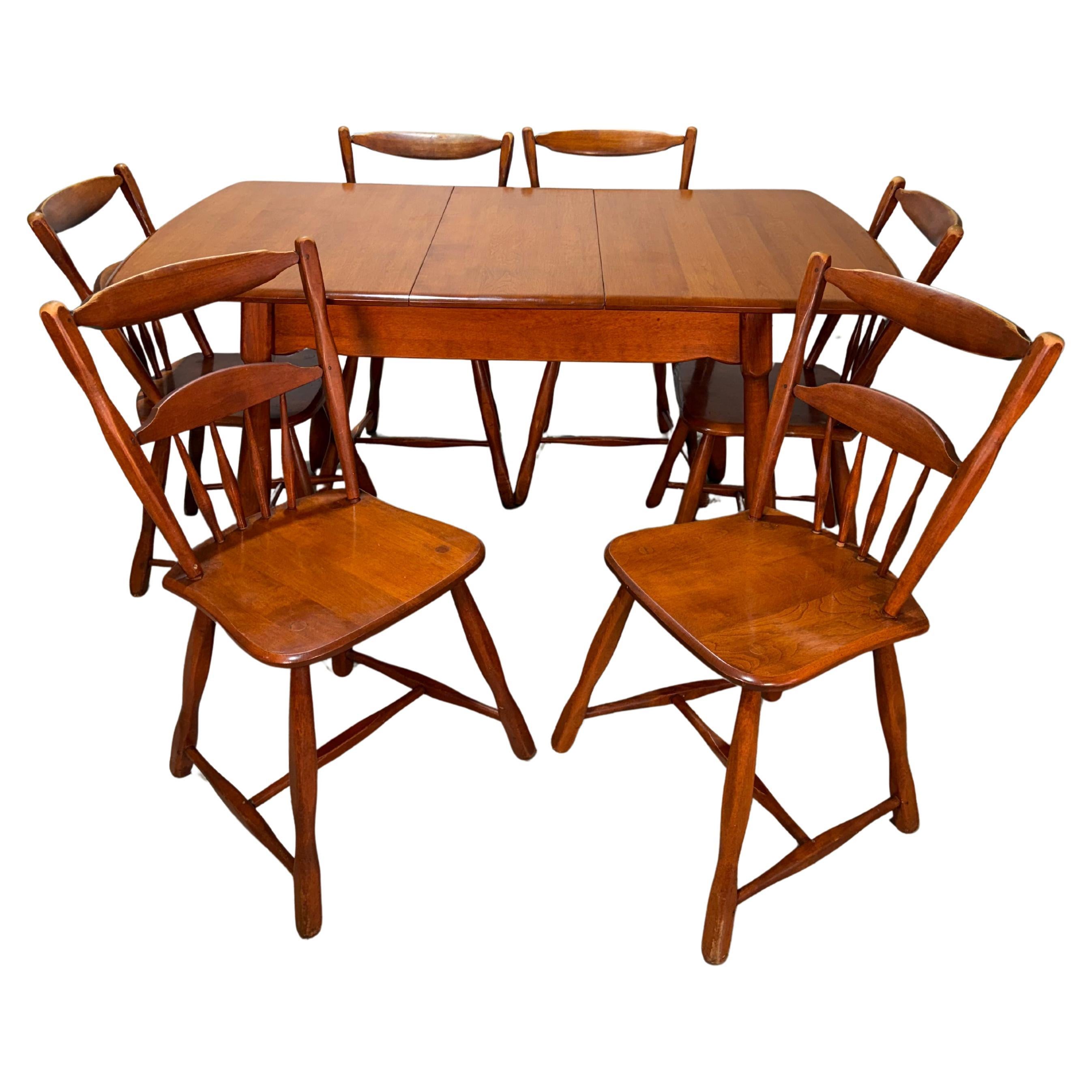 Ensemble de salle à manger vintage en érable colonial de style Brutalist, table et 6 chaises