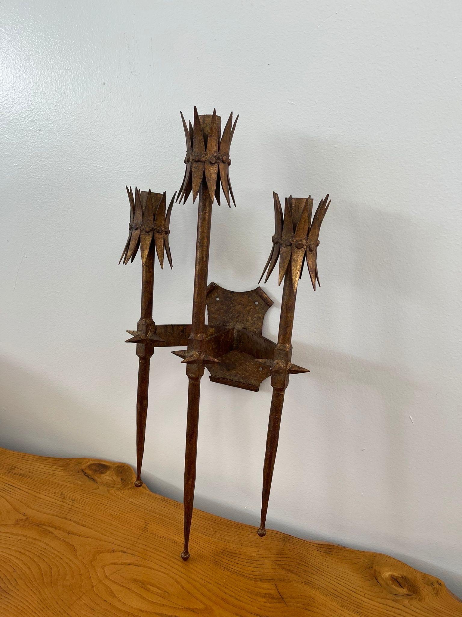 Vintage Brutalist Style Gilt Wall Sconce Candle Holder In Good Condition For Sale In Seattle, WA
