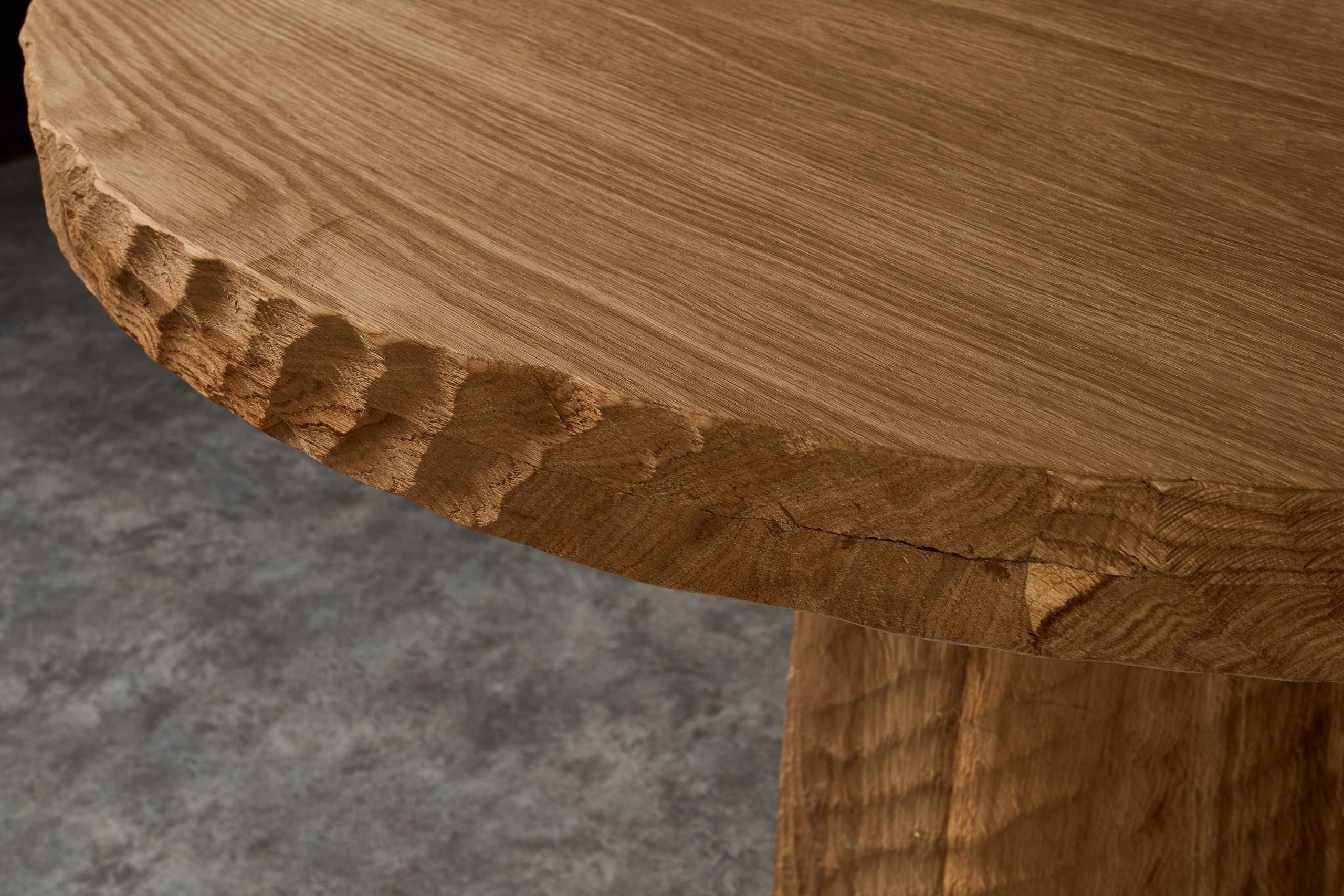 Contemporary Vintage Brutalist Style Sculpted Round Table in Aged Oak, 140cm For Sale