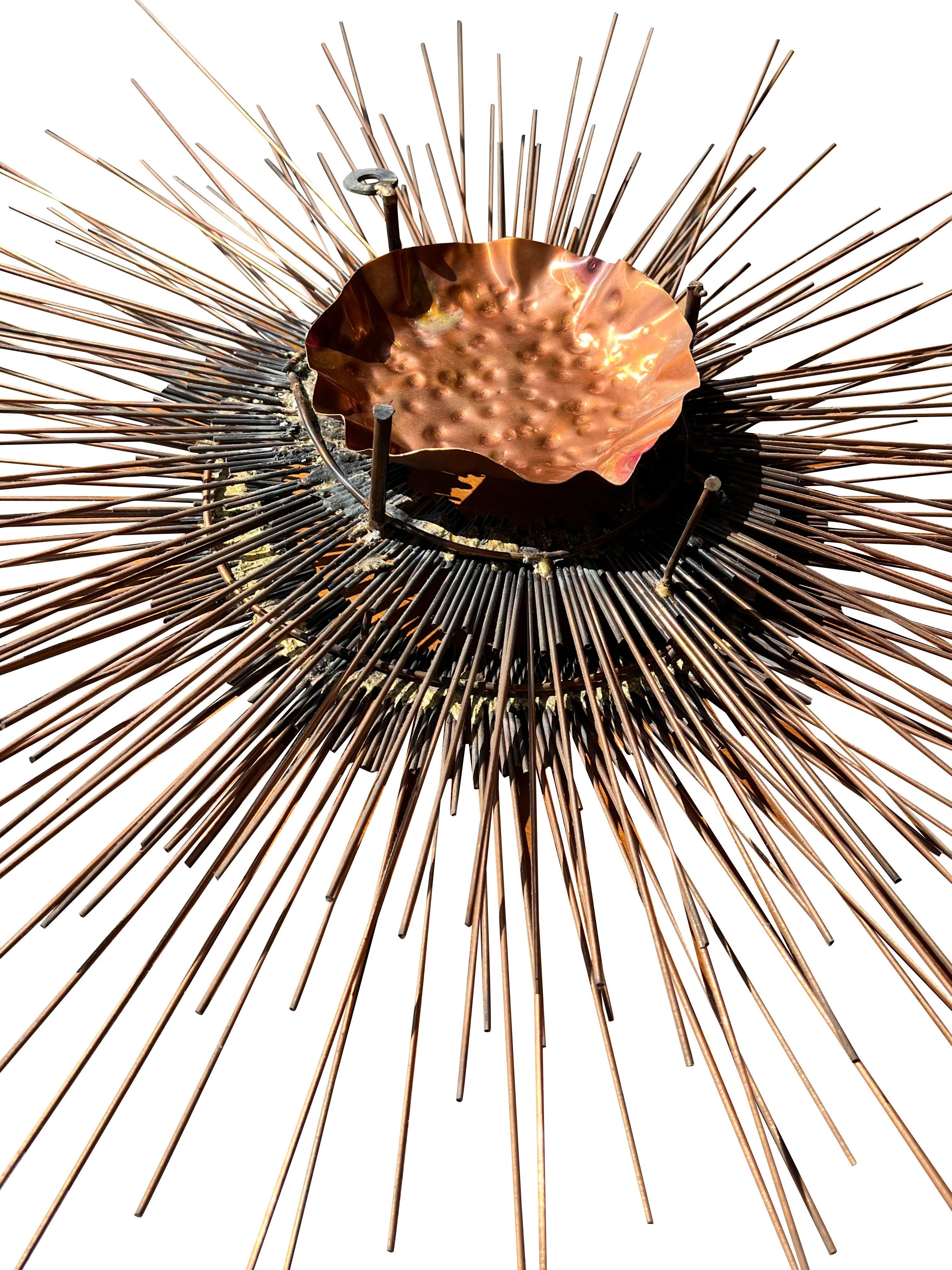 Late 20th Century Vintage Brutalist Style Sunburst Wall Art Sculpture in Metal Copper For Sale
