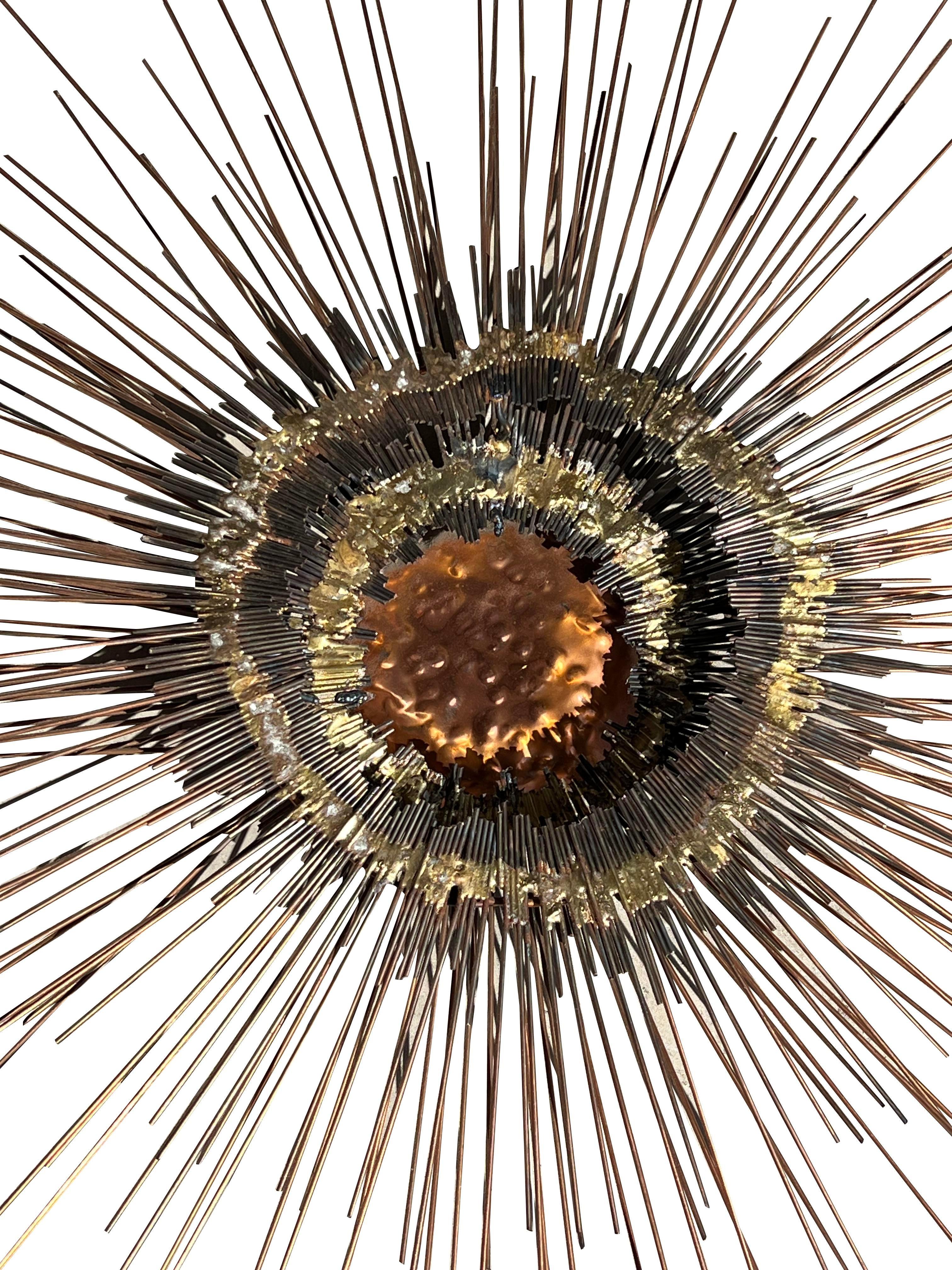 Vintage Brutalist Style Sunburst Wall Art Sculpture in Metal Copper For Sale 1