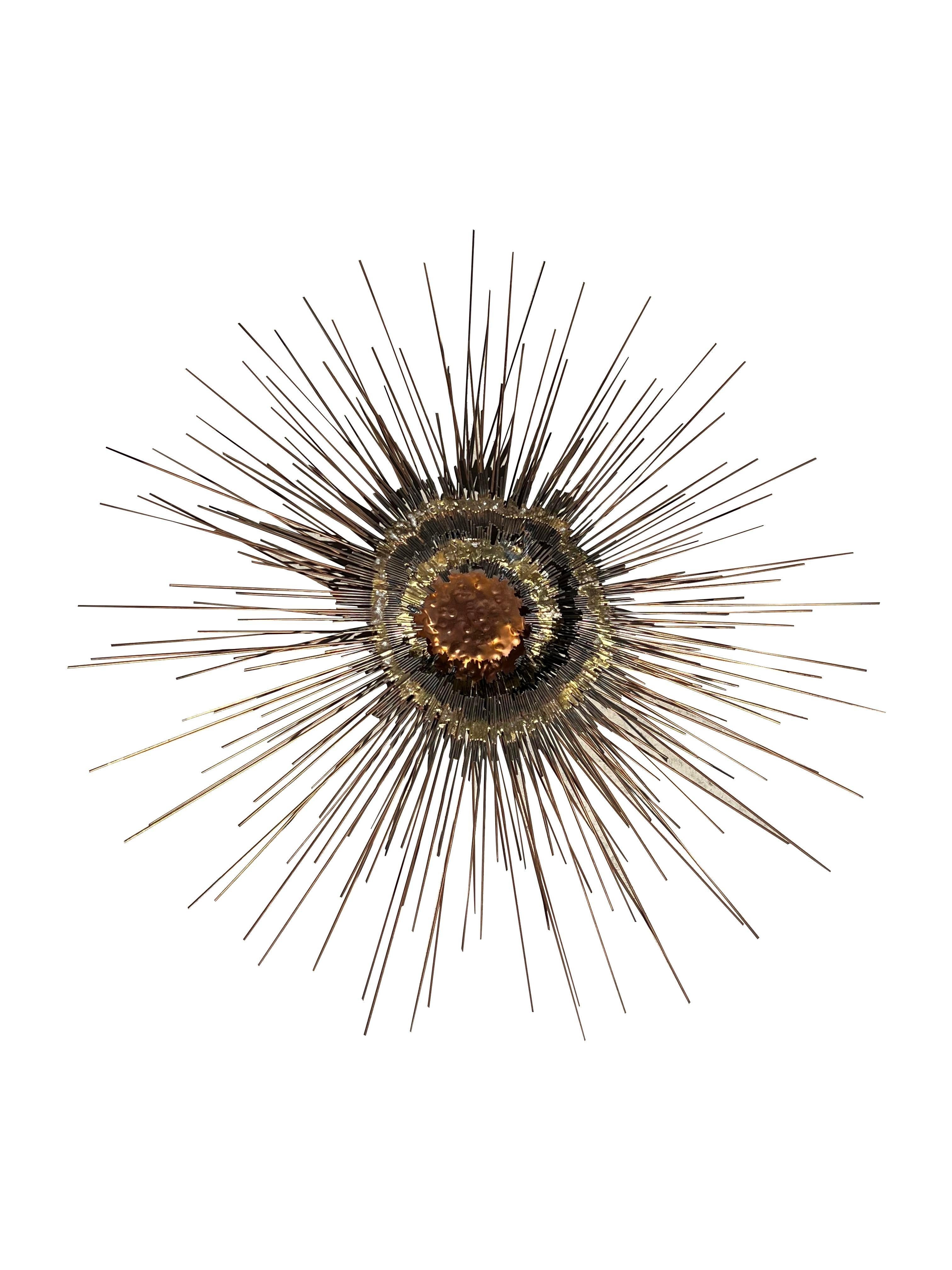 Vintage Brutalist Style Sunburst Wall Art Sculpture in Metal Copper For Sale 2