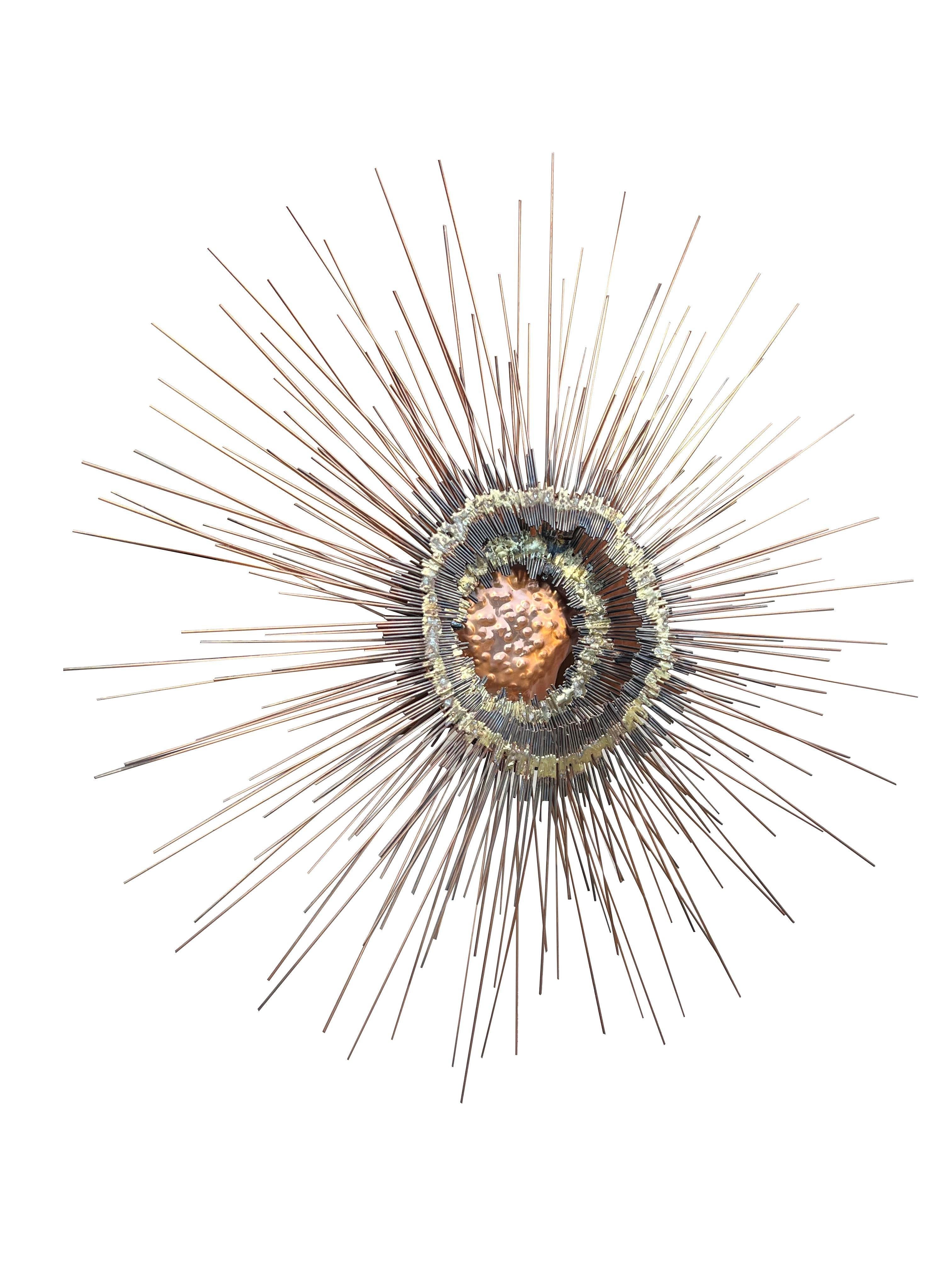 Vintage Brutalist Style Sunburst Wall Art Sculpture in Metal Copper For Sale 3