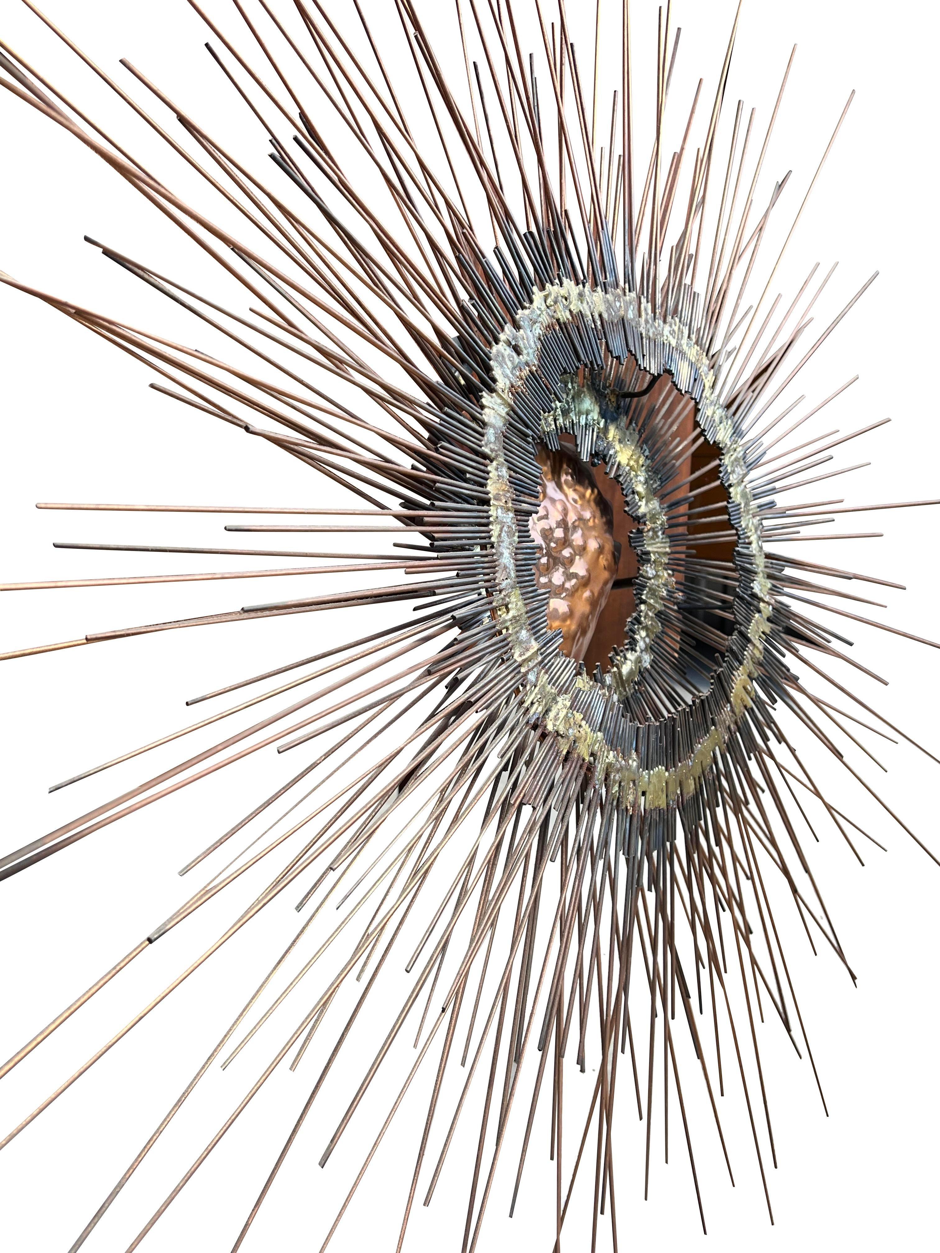 Vintage Brutalist Style Sunburst Wall Art Sculpture in Metal Copper For Sale 4
