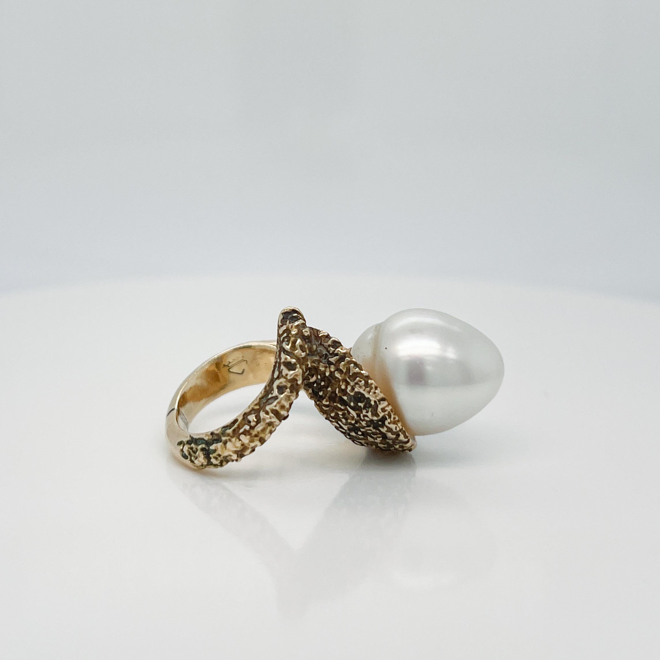 Modernist Vintage Brutalist Textured 14 Karat Yellow Gold & Baroque Pearl Cocktail Ring For Sale