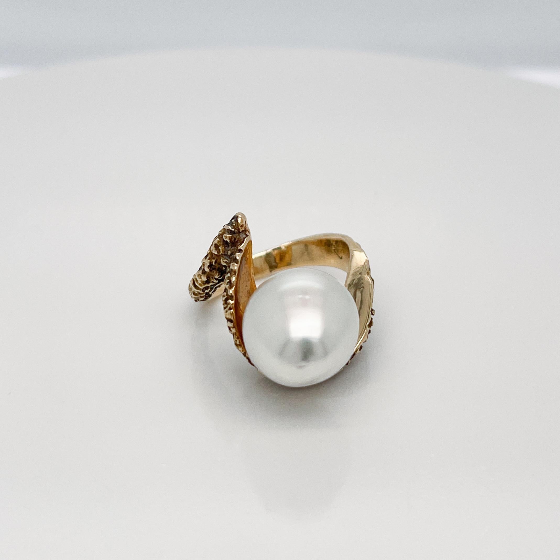 Women's Vintage Brutalist Textured 14 Karat Yellow Gold & Baroque Pearl Cocktail Ring For Sale
