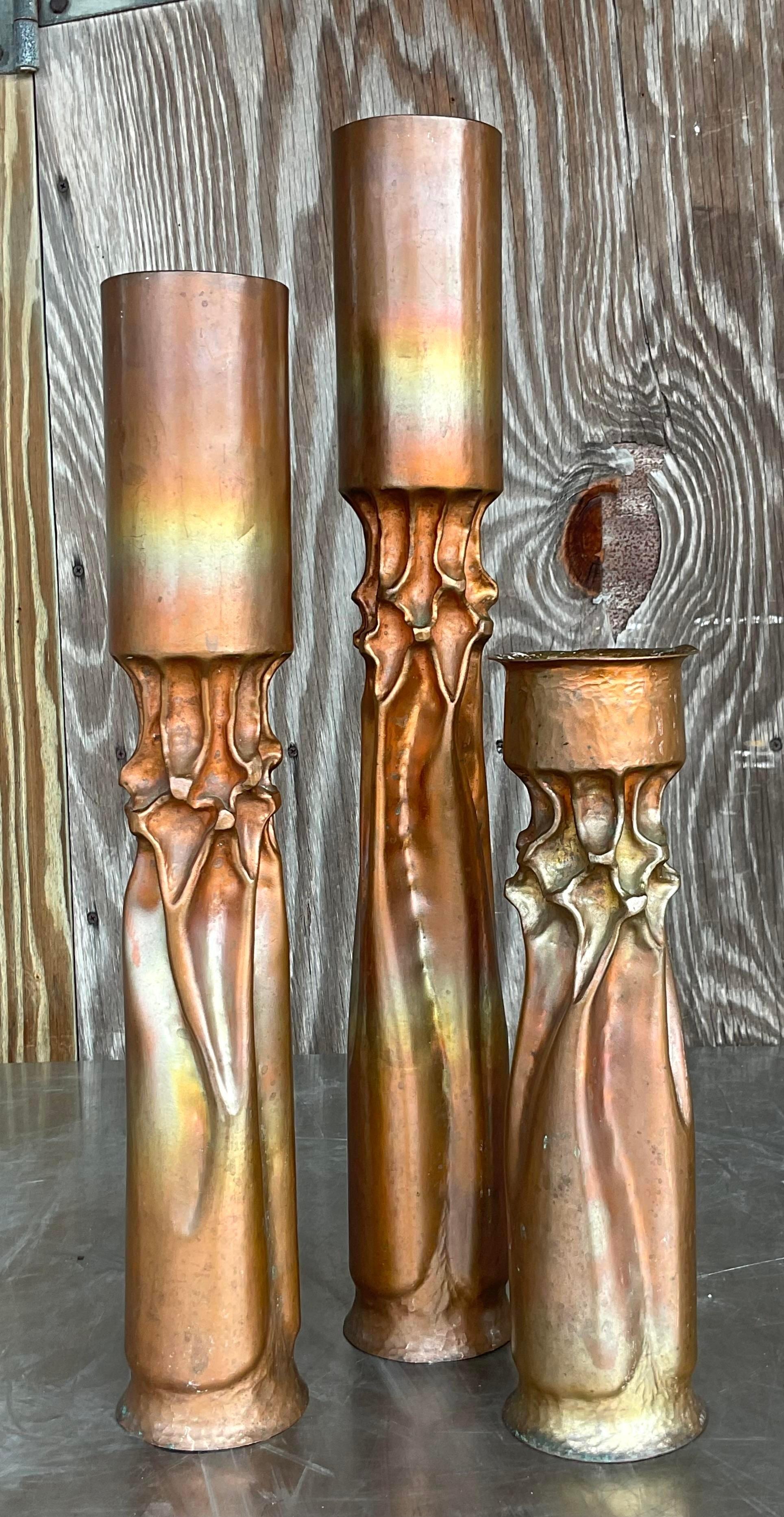 20th Century Vintage Brutalist Thomas Roy Markuson Twisted Copper Candlesticks - Set of 3 For Sale