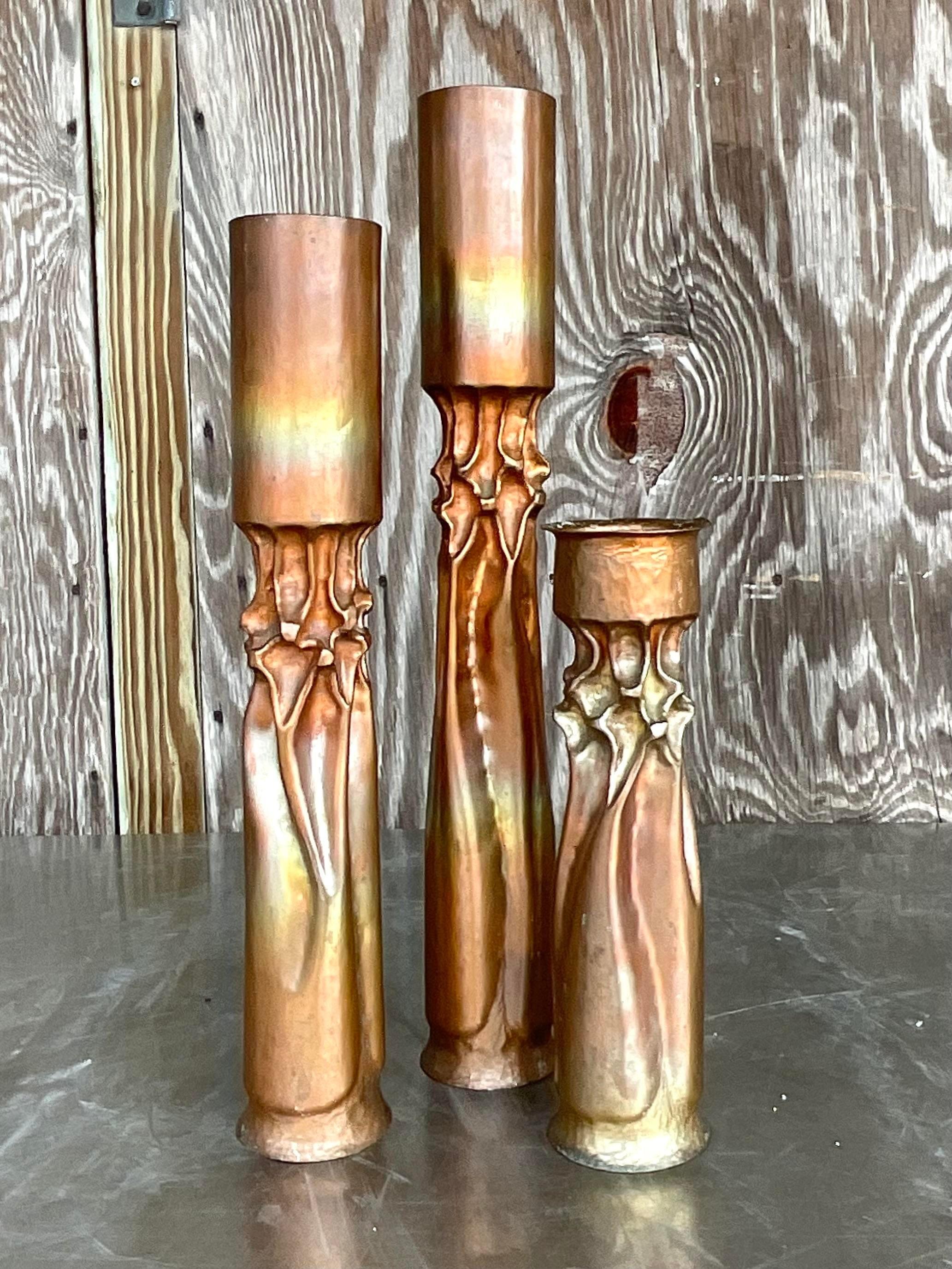 Vintage Brutalist Thomas Roy Markuson Twisted Copper Candlesticks - Set of 3 For Sale 1