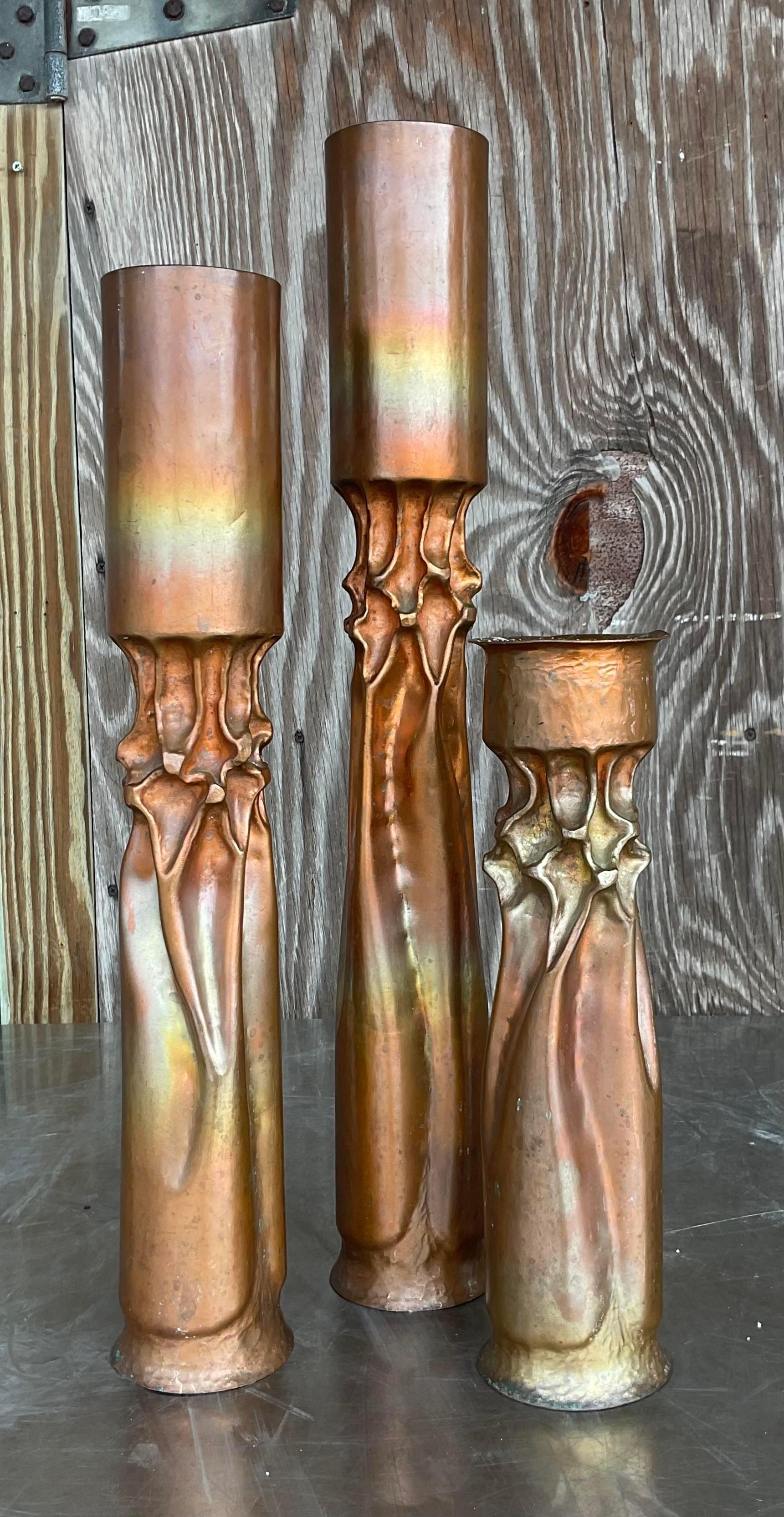 Vintage Brutalist Thomas Roy Markuson Twisted Copper Candlesticks - Set of 3 For Sale 3