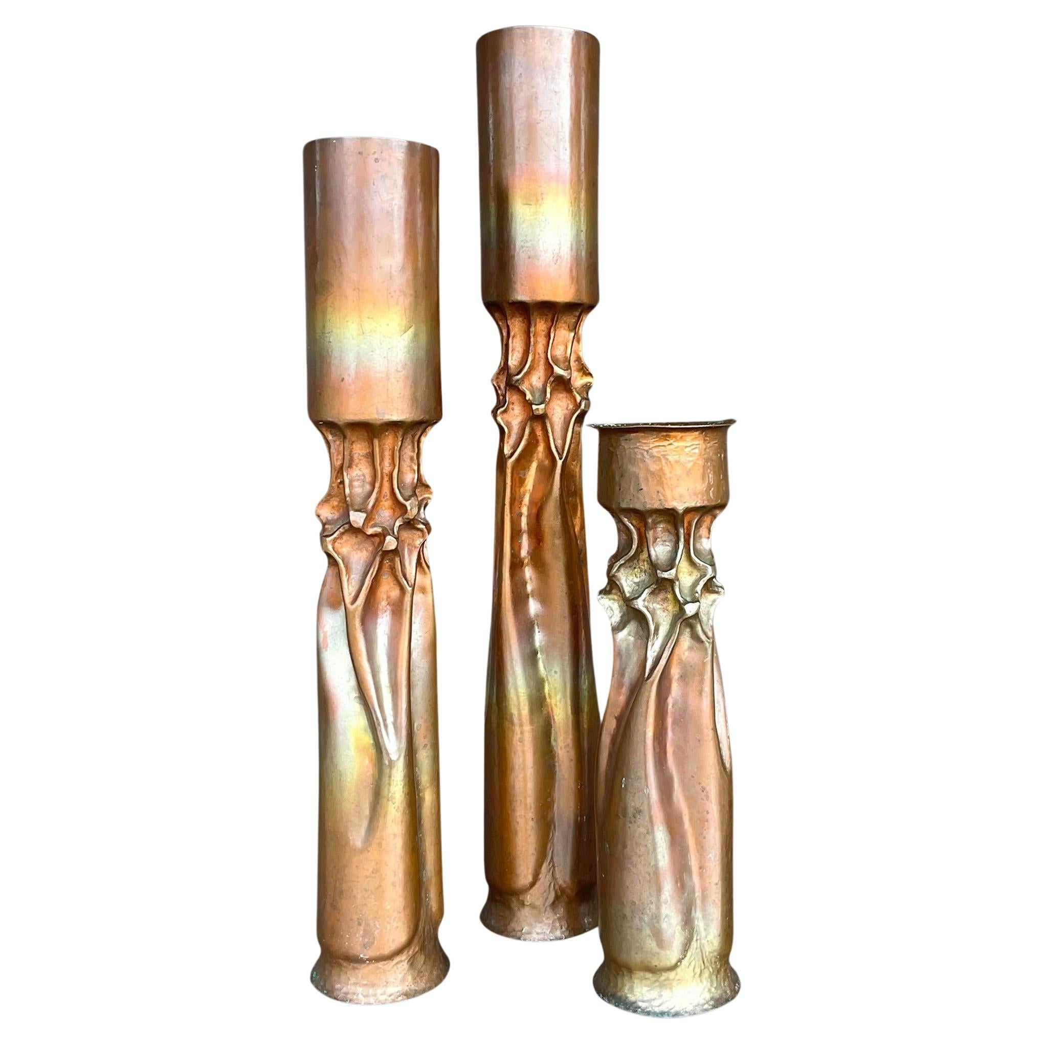 Vintage Brutalist Thomas Roy Markuson Twisted Copper Candlesticks - Set of 3 For Sale