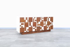 Vintage Brutalist Walnut Mosaic Credenza by Lane