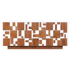 Vintage Brutalist Walnut Mosaic Credenza by Lane
