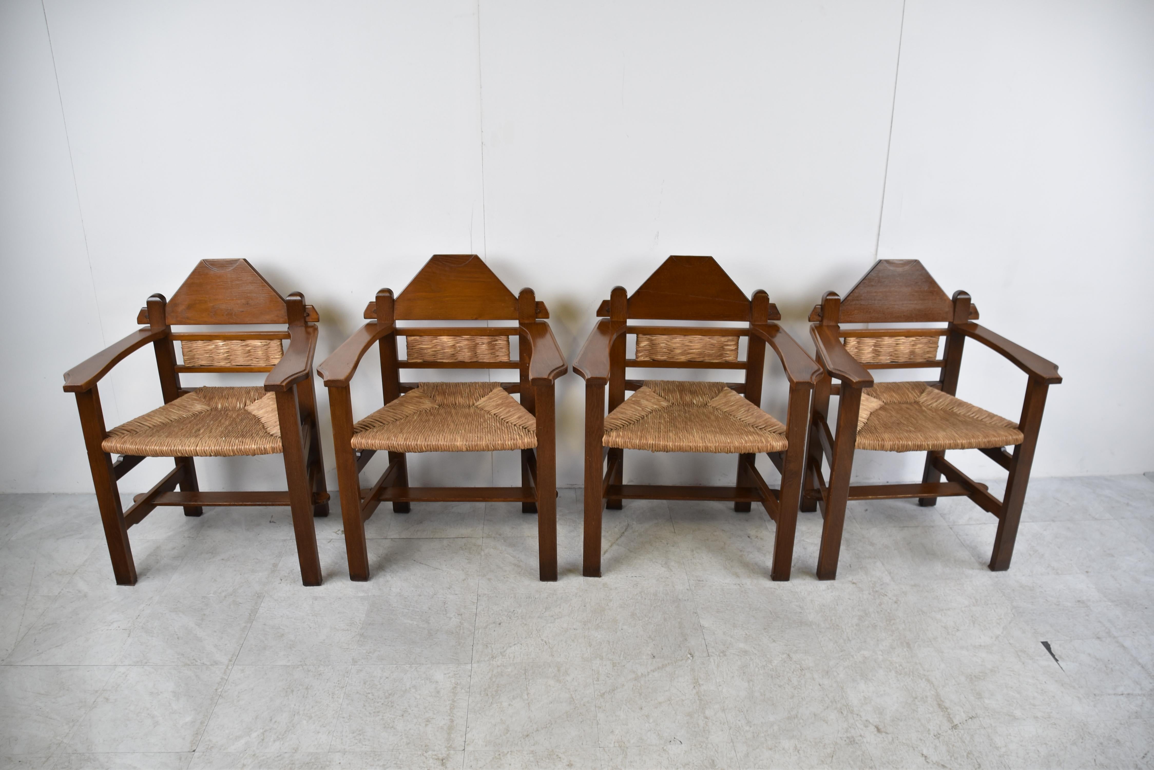 French Vintage Brutalist Wicker Dining Chairs, 1950s