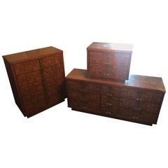 Vintage Brutalist Wood Dresser Set with Brass Handles Mid-Century Modern