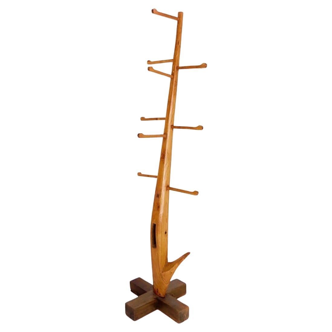 Vintage Brutalist wood standing coat rack