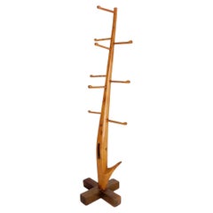 Vintage Brutalist wood standing coat rack
