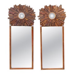 Vintage Brutalist Wood Sunburst Mirrors - A Pair